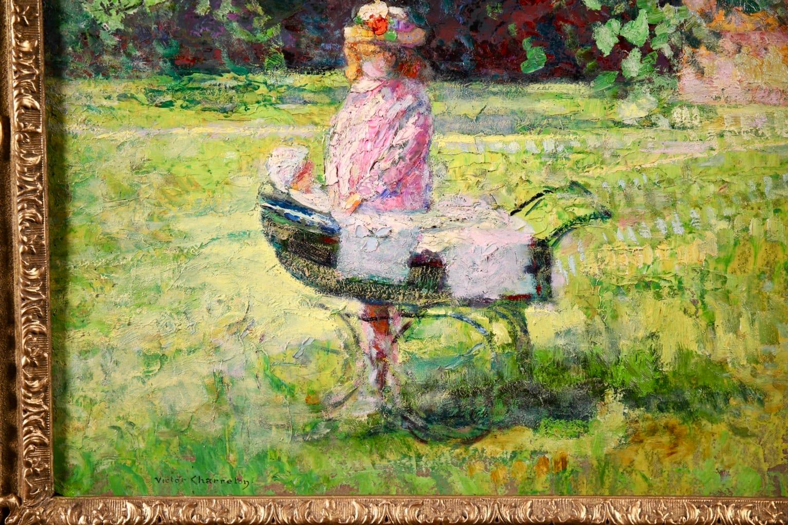 Fillette a la pousette - Figurative Post Impressionist Oil, by Victor Charreton For Sale 1