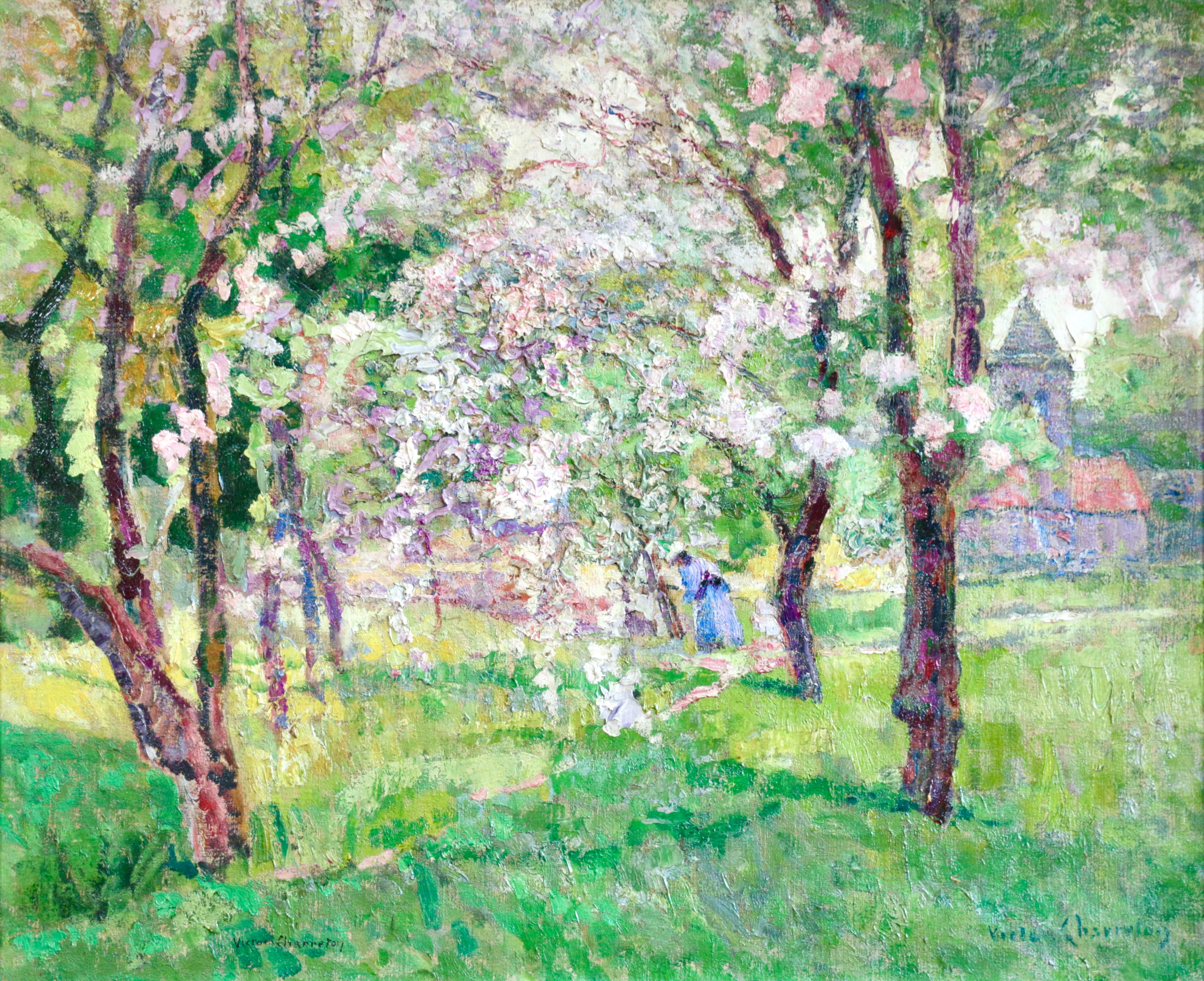 In the Orchard - 19th Century Oil, Figure under Blossom Landscape by V Charreton - Painting by Victor Charreton