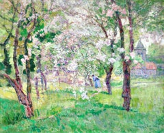 In the Orchard - 19th Century Oil, Figure under Blossom Landscape by V Charreton