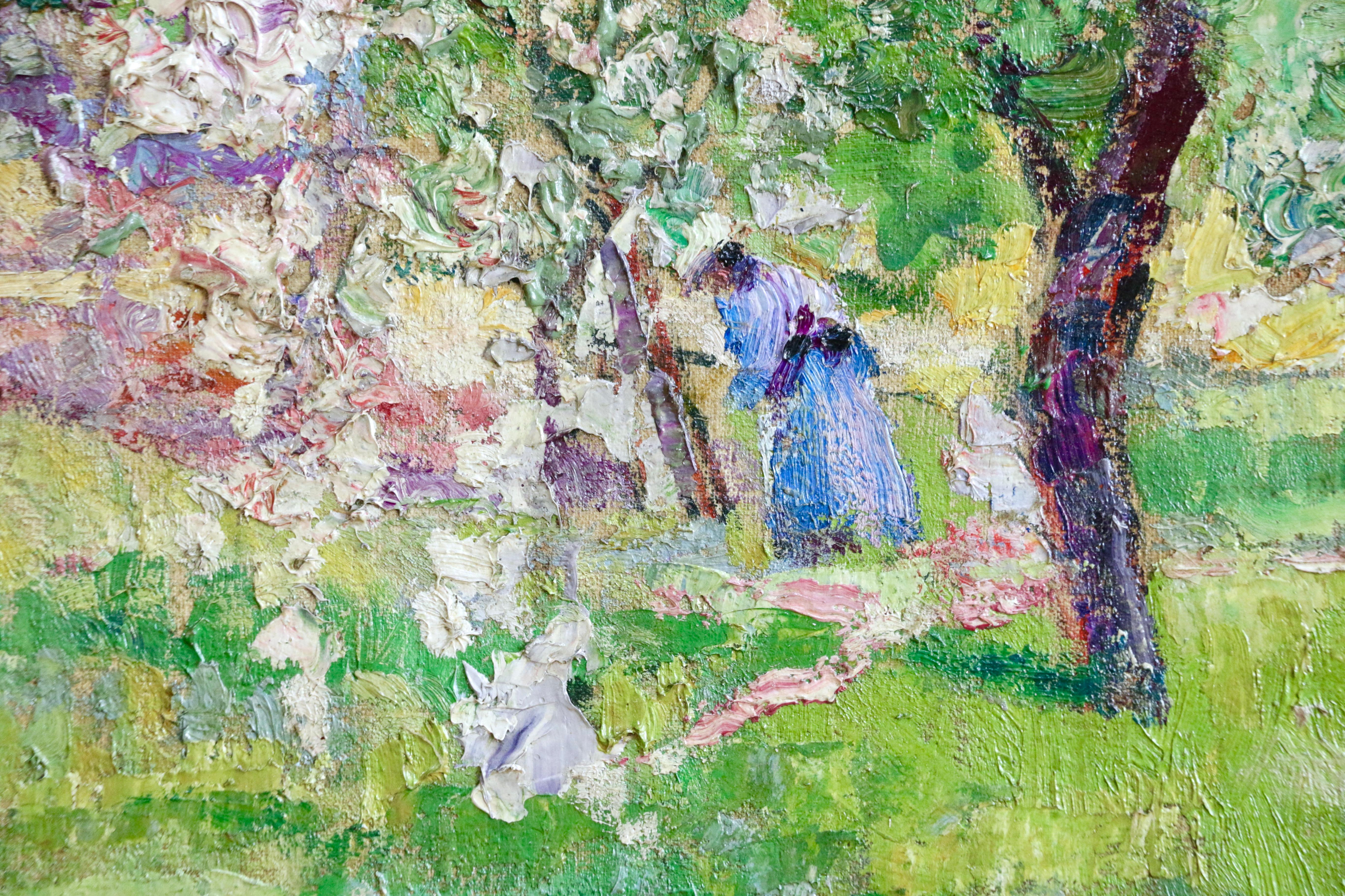 In the Orchard - 19th Century Oil, Figure under Blossom Landscape by V Charreton - Beige Figurative Painting by Victor Charreton