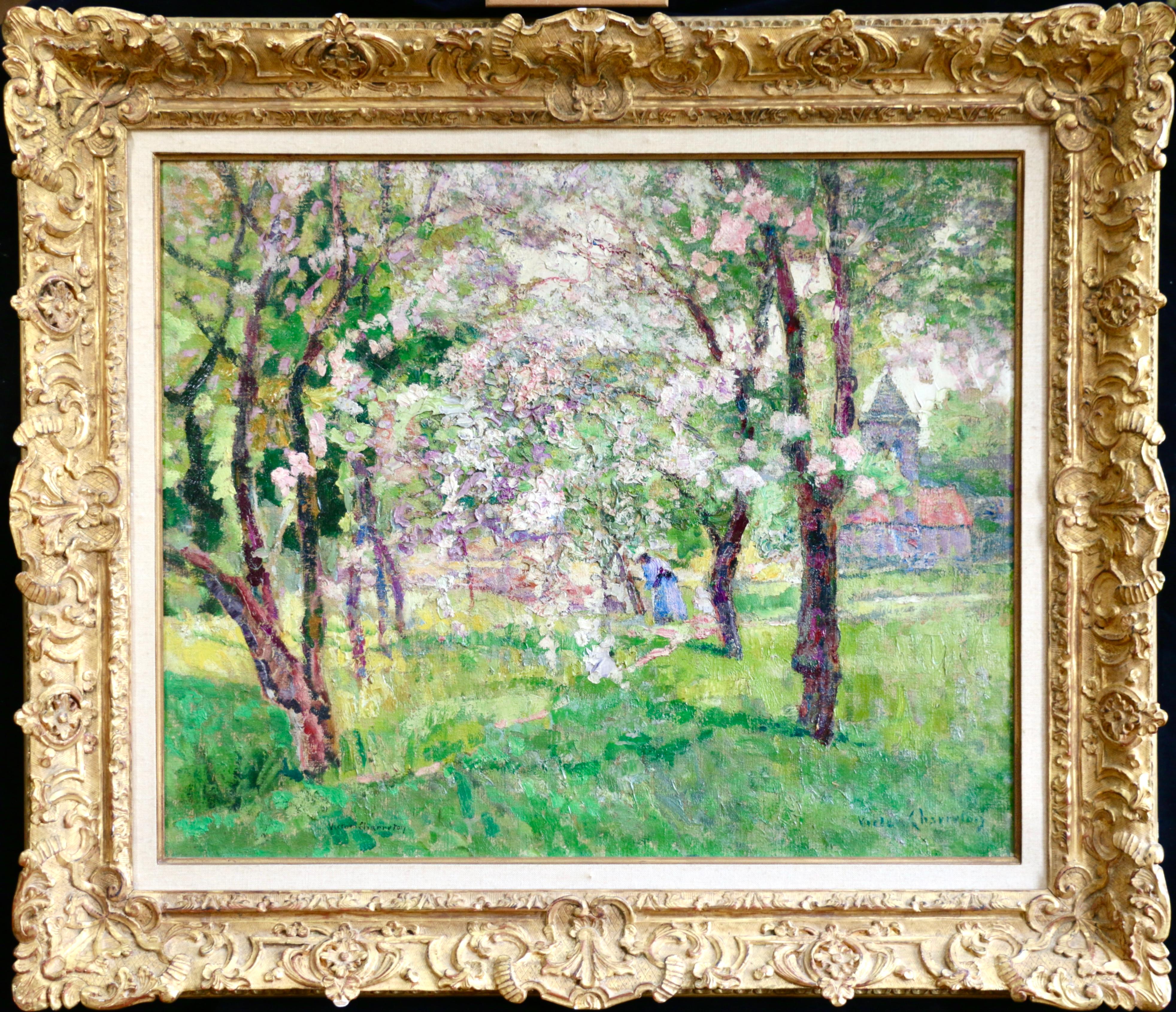 Victor Charreton Figurative Painting - In the Orchard - 19th Century Oil, Figure under Blossom Landscape by V Charreton