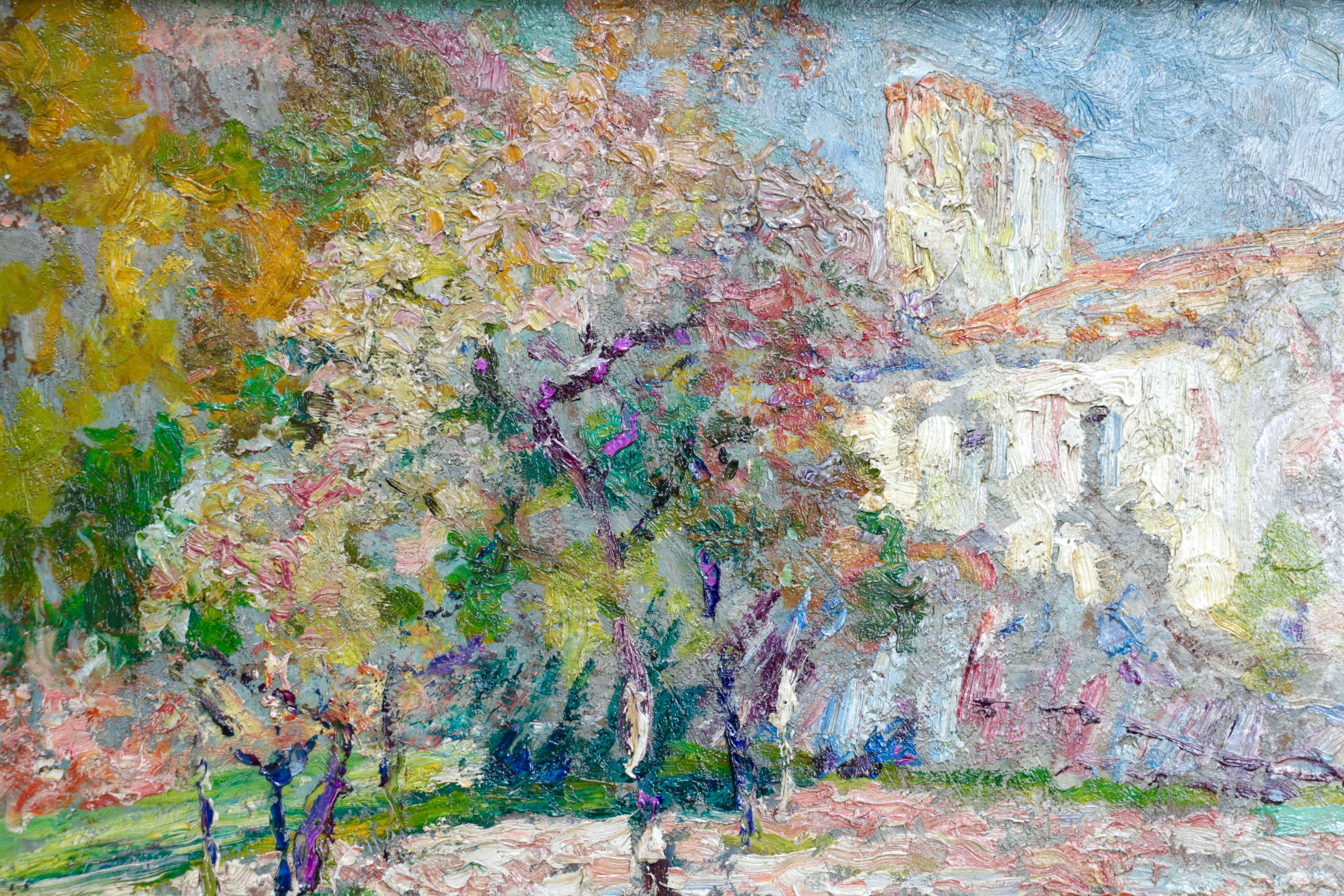 Jardin à côté de l'Eglise - 20th Century Oil, Church in Landscape by V Charreton 1