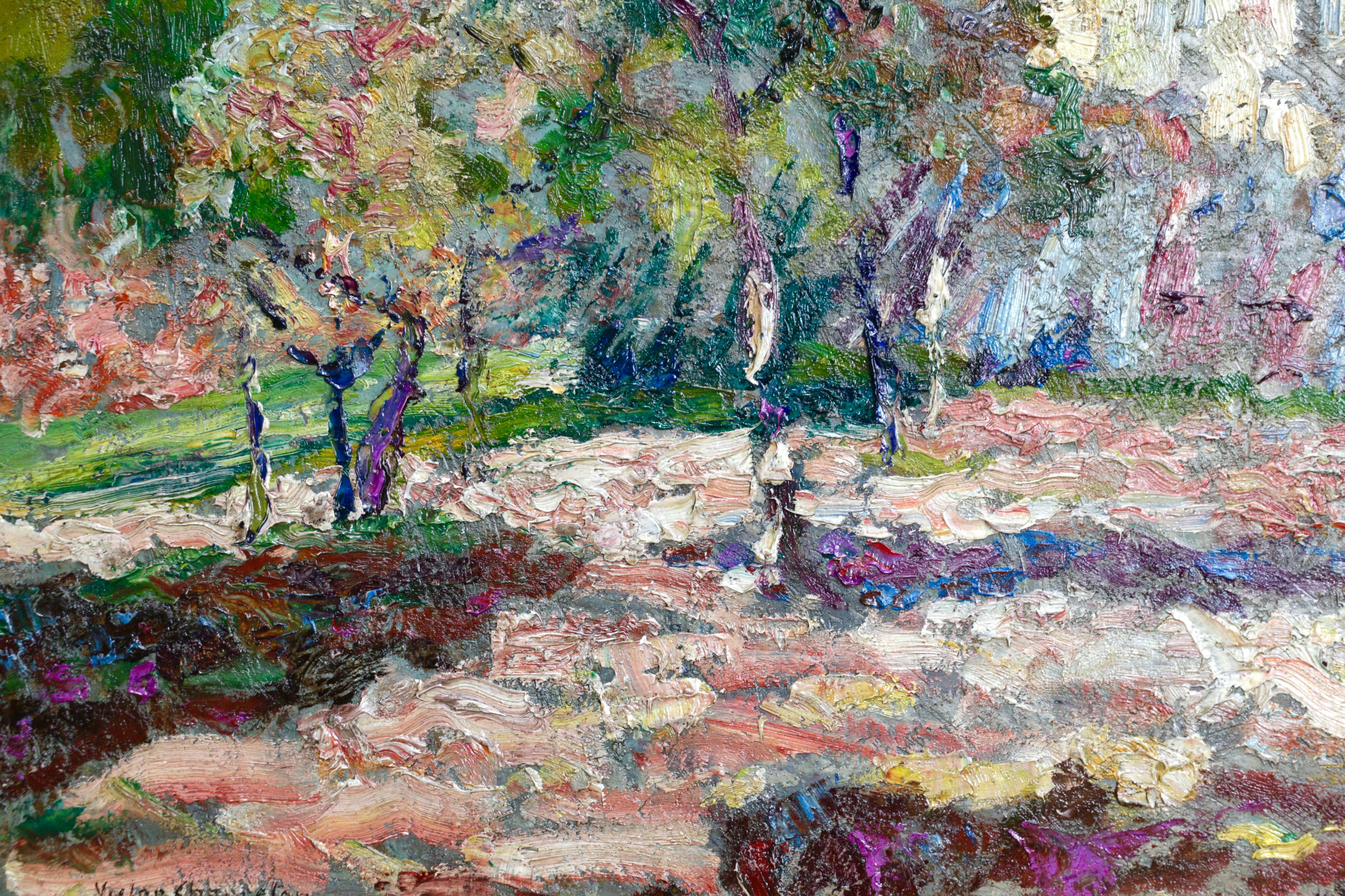 Jardin à côté de l'Eglise - 20th Century Oil, Church in Landscape by V Charreton 2