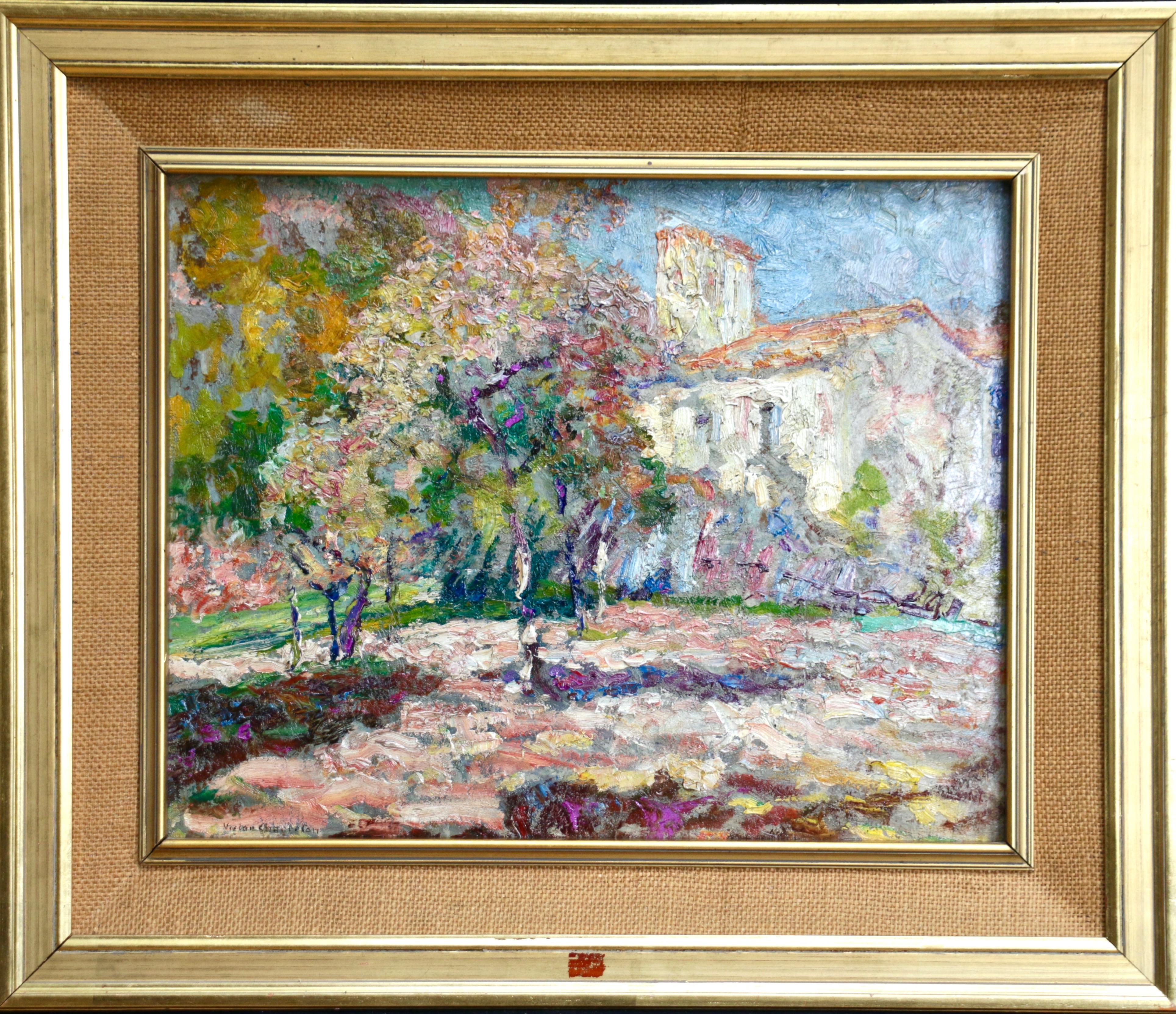 Jardin à côté de l'Eglise - 20th Century Oil, Church in Landscape by V Charreton 4