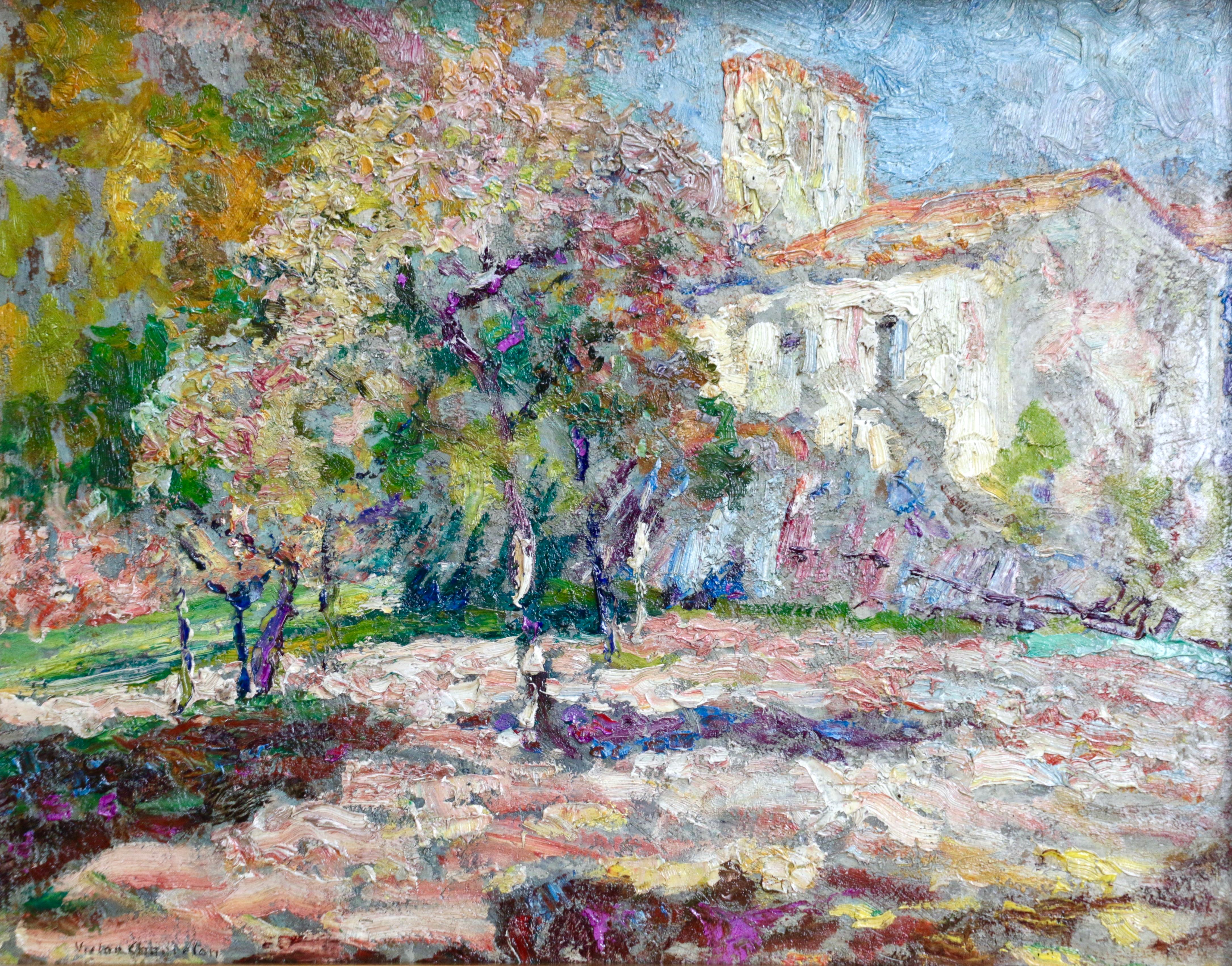 Jardin à côté de l'Eglise - 20th Century Oil, Church in Landscape by V Charreton - Painting by Victor Charreton