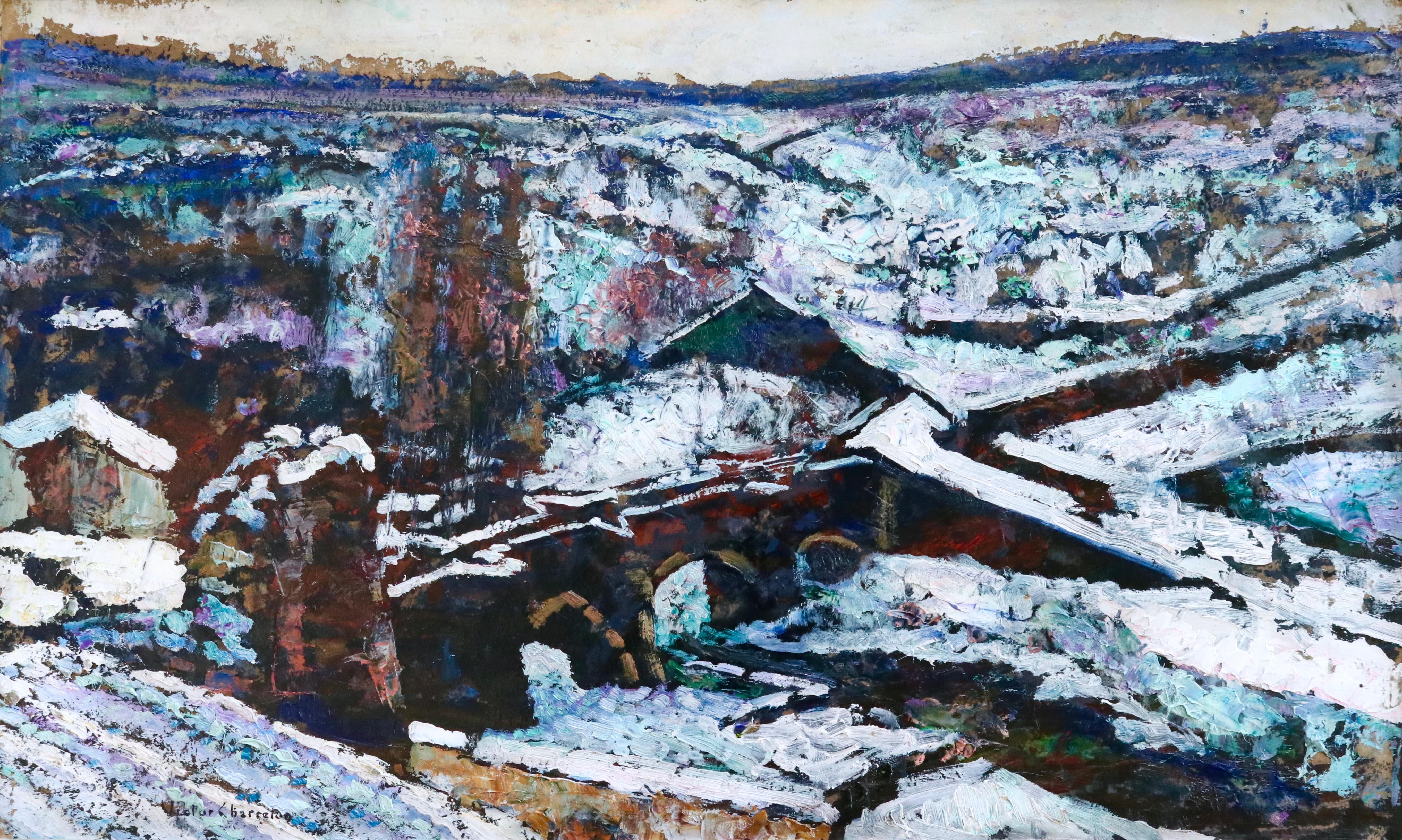La Neige - 19th Century Oil, Bridge in Snow Winter Landscape by Victor Charreton 1