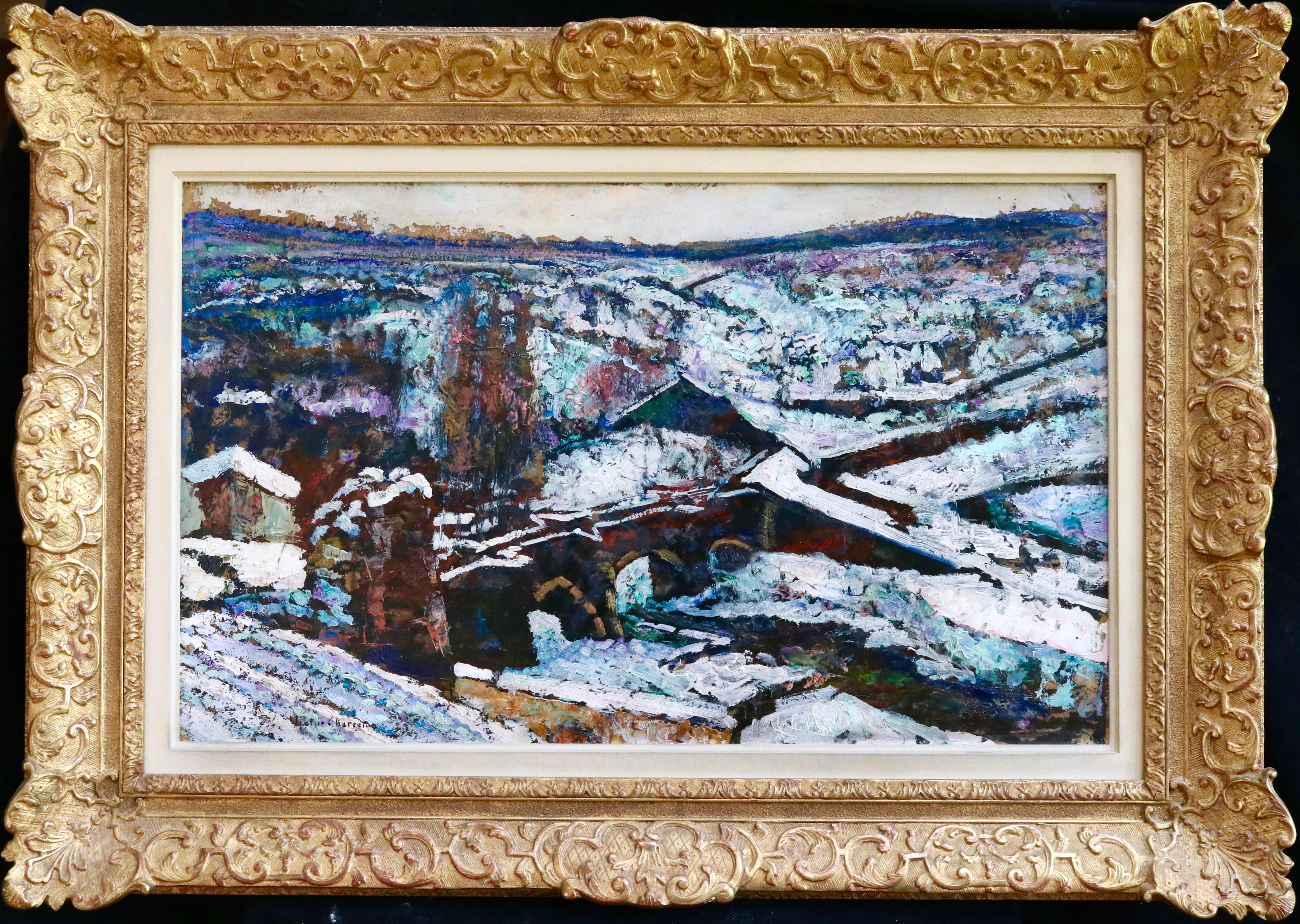 Oil on board by Victor Charreton depicting a bridge in a landscape under a blanket of snow. Signed lower left.

Charreton was a landscape artist in the Lyons tradition with a love of sensual impasto. In his works he seeks to capture fleeting,