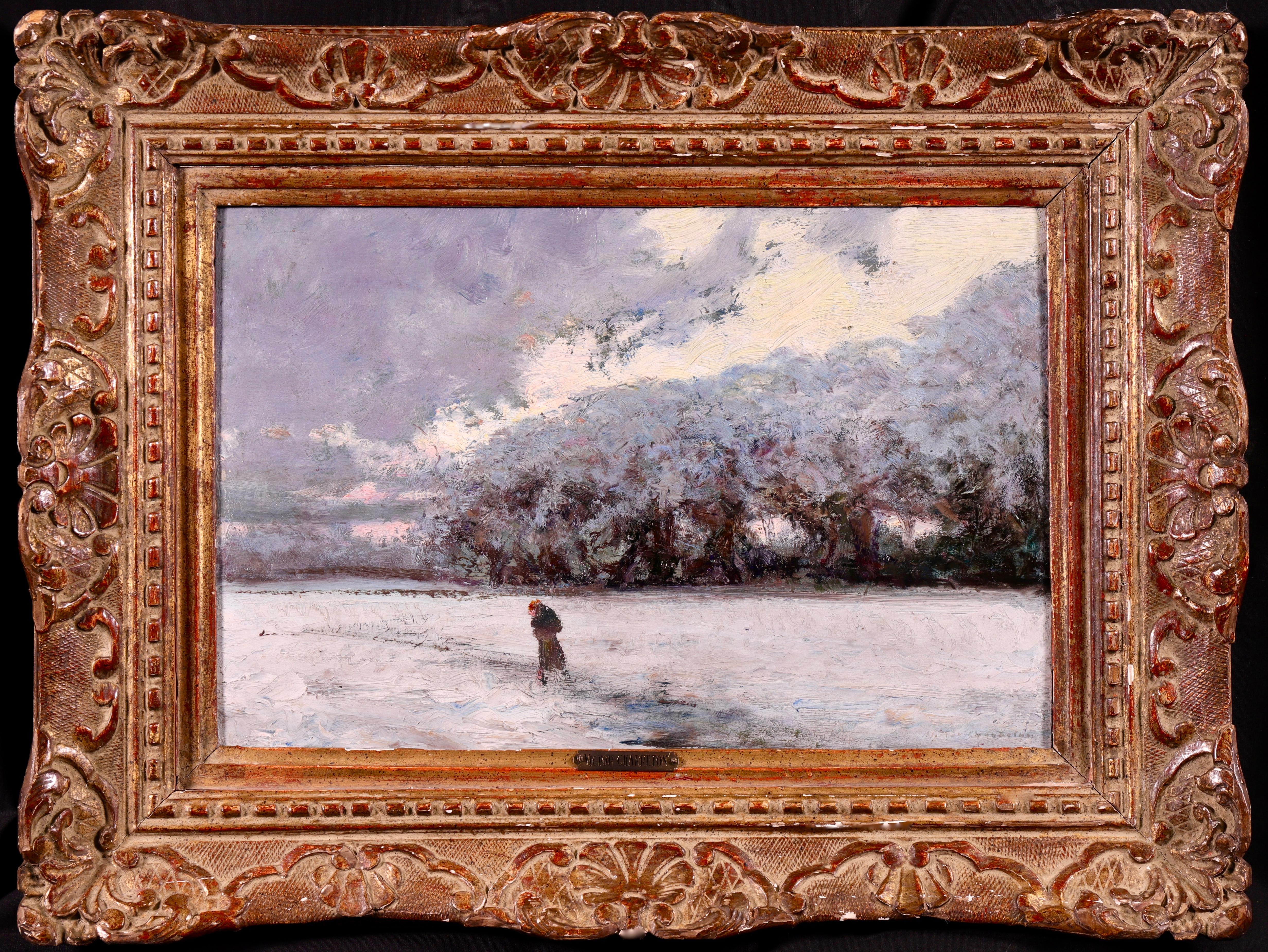 La Neige - Early 20th Century Oil, Figure in Winter Snow Landscape by Charreton - Painting by Victor Charreton