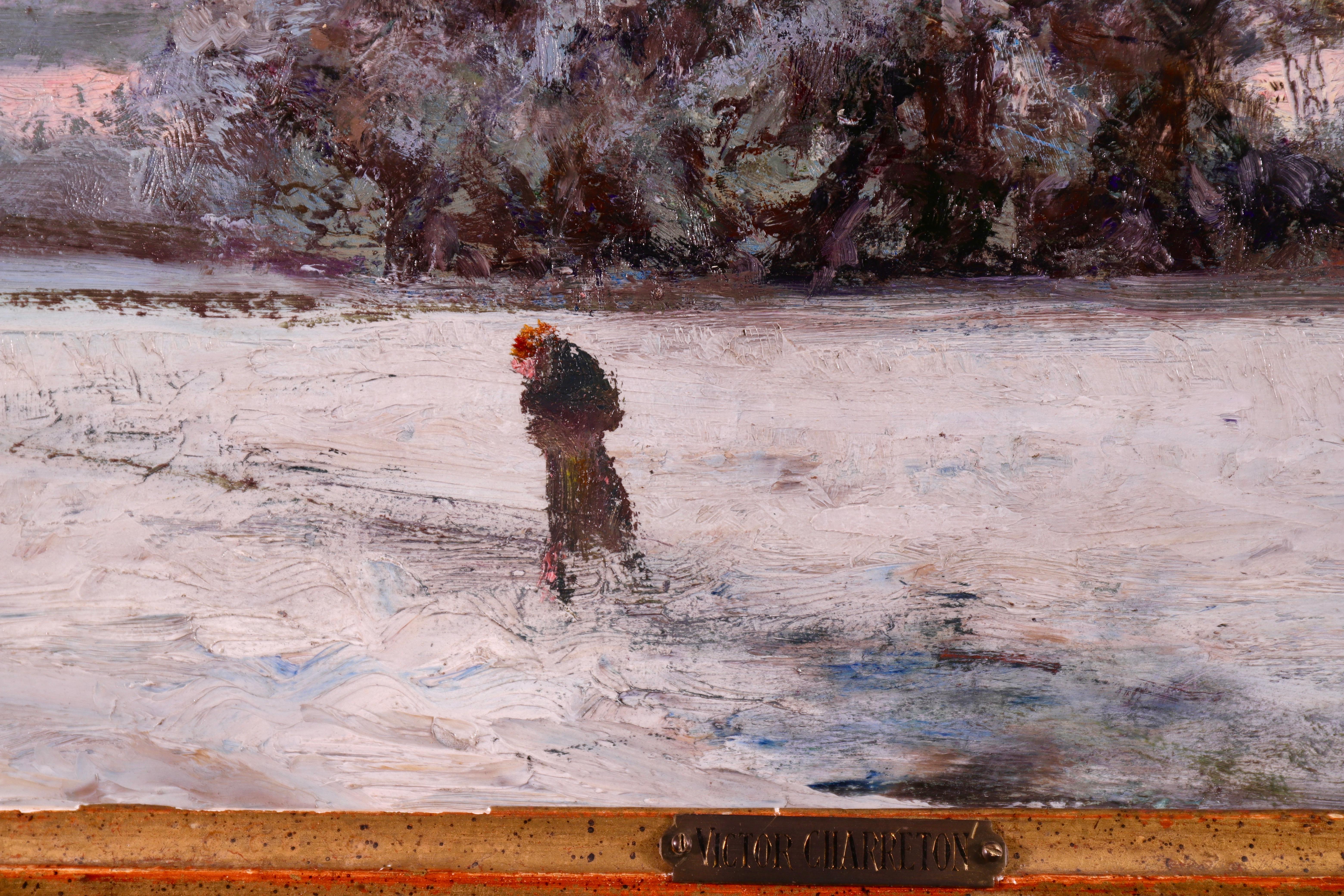 La Neige - Early 20th Century Oil, Figure in Winter Snow Landscape by Charreton 1