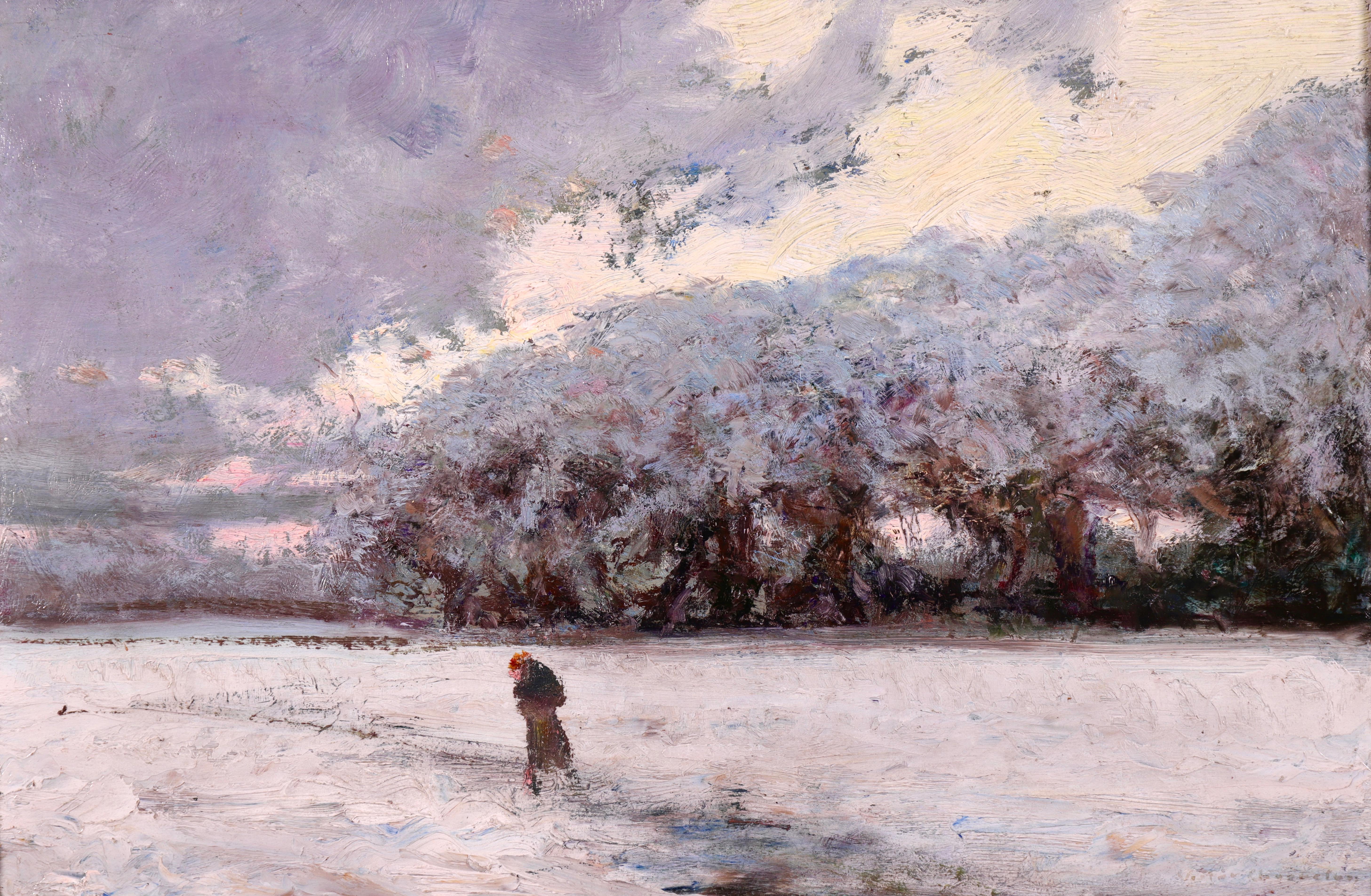 Victor Charreton Landscape Painting - La Neige - Early 20th Century Oil, Figure in Winter Snow Landscape by Charreton