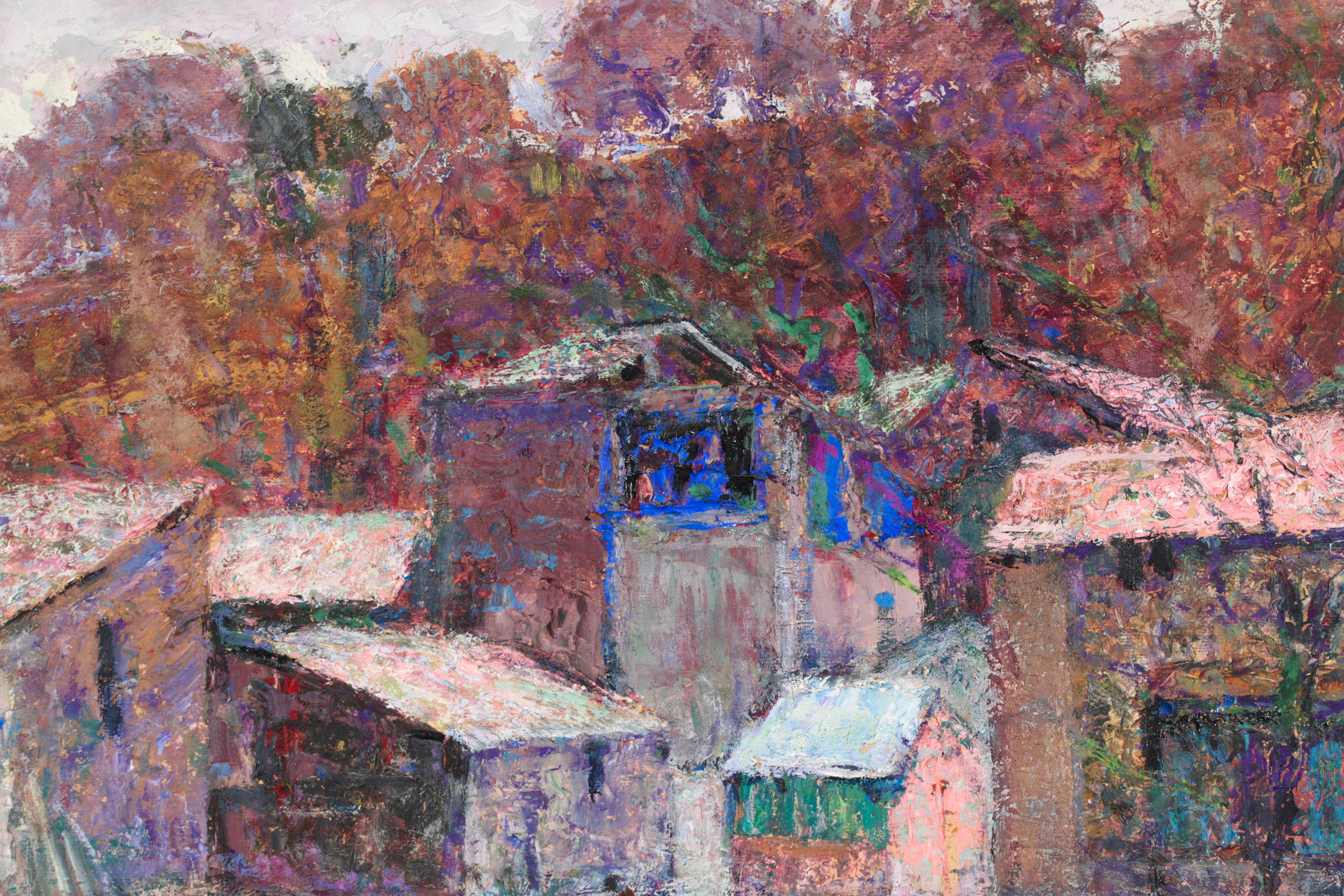La place publique à Enval - Huile post impressionniste, Paysage - Victor Charreton 4
