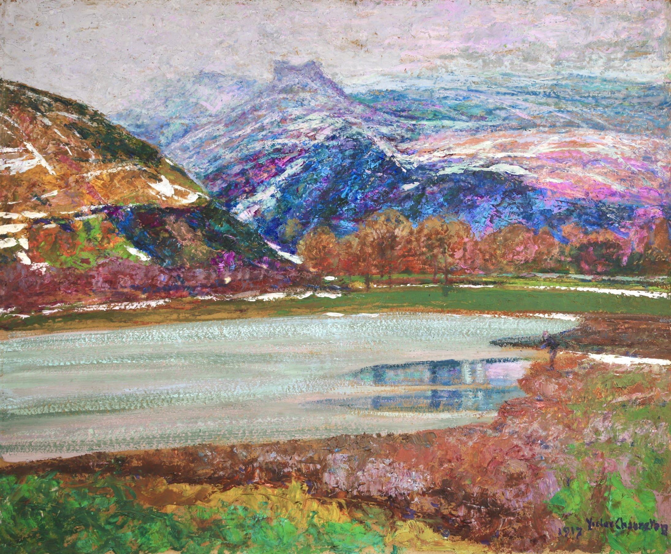 Lac du Chambon - Gele - Post Impressionist Landscape Oil by Victor Charreton For Sale 1