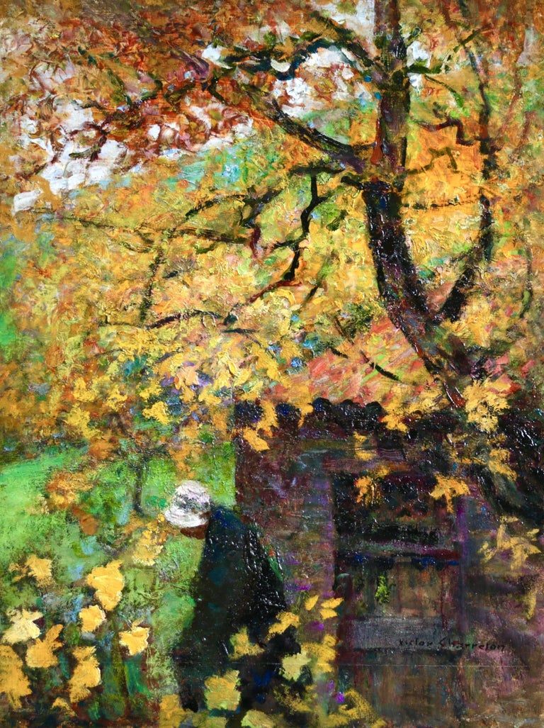 L'automne - 19th Century Oil, Figure in Autumn Landscape by Victor Charreton 1
