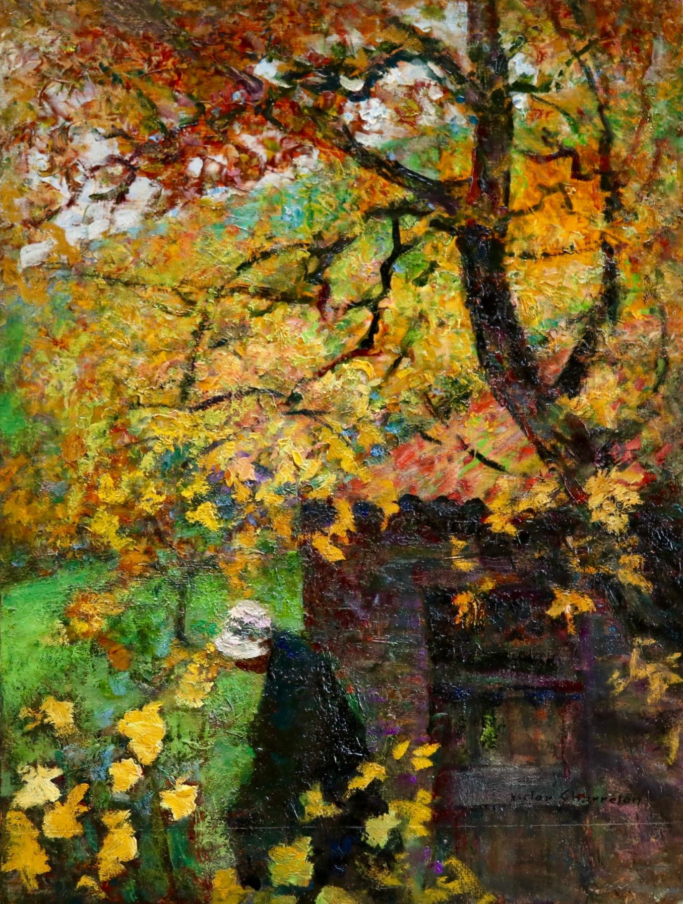 An enchanting oil on panel circa 1910 by Victor Charreton depicting a woman under a tree in a landscape. The autumnal colours of the painting are absolutely beautiful - the leaves of the tree bright red and yellow. Signed lower right. This piece is