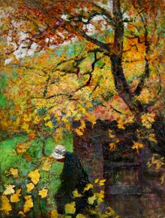 L'automne - Impressionist Oil, Figure in Autumn Landscape by Victor Charreton