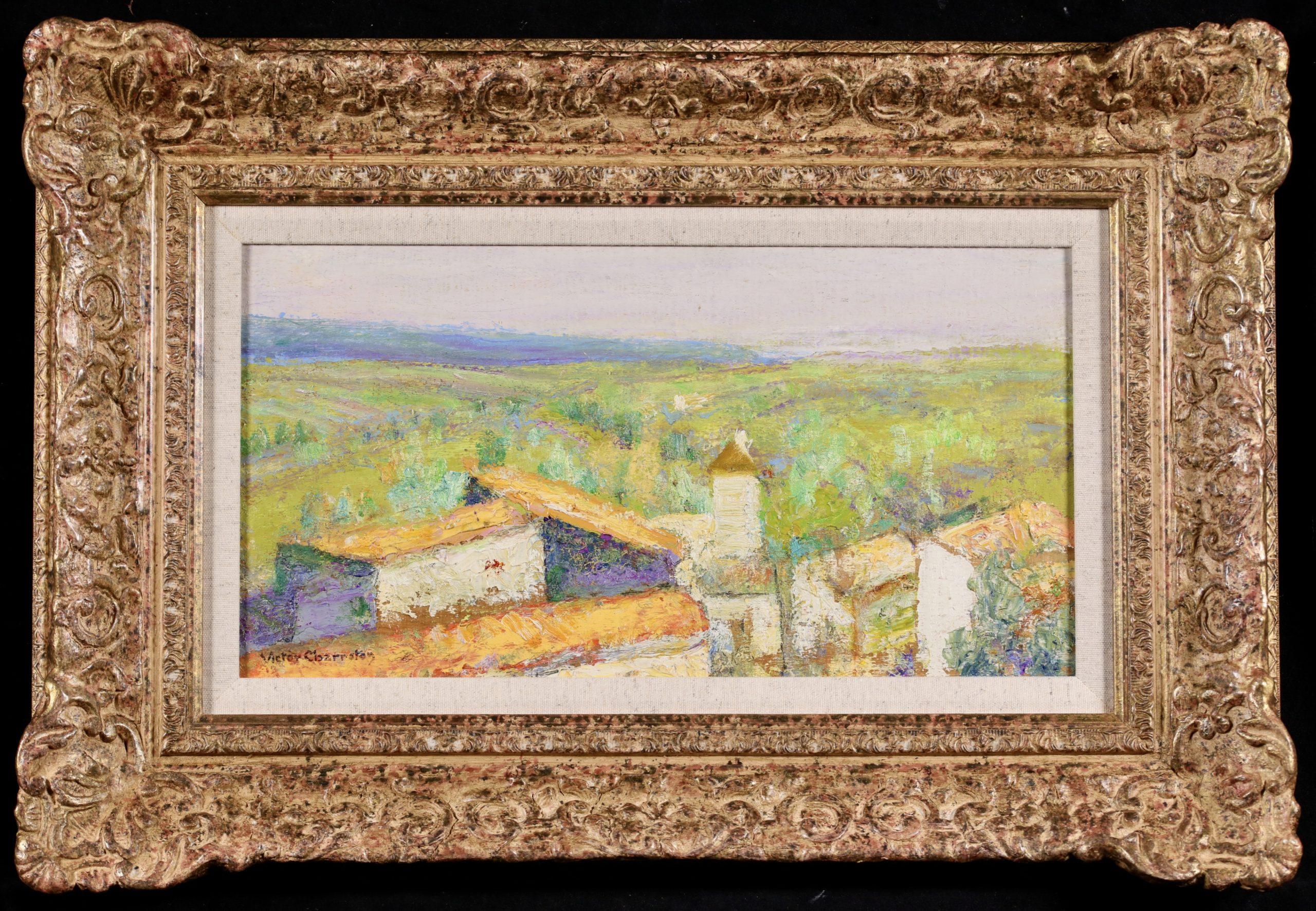 Signed oil on panel landscape circa 1930 by French post impressionist painter Victor Charreton. This stunning work depicts a view of a French hamlet in summer - the buildings in the foreground and rolling green hills beyond.

Signature:
Signed with