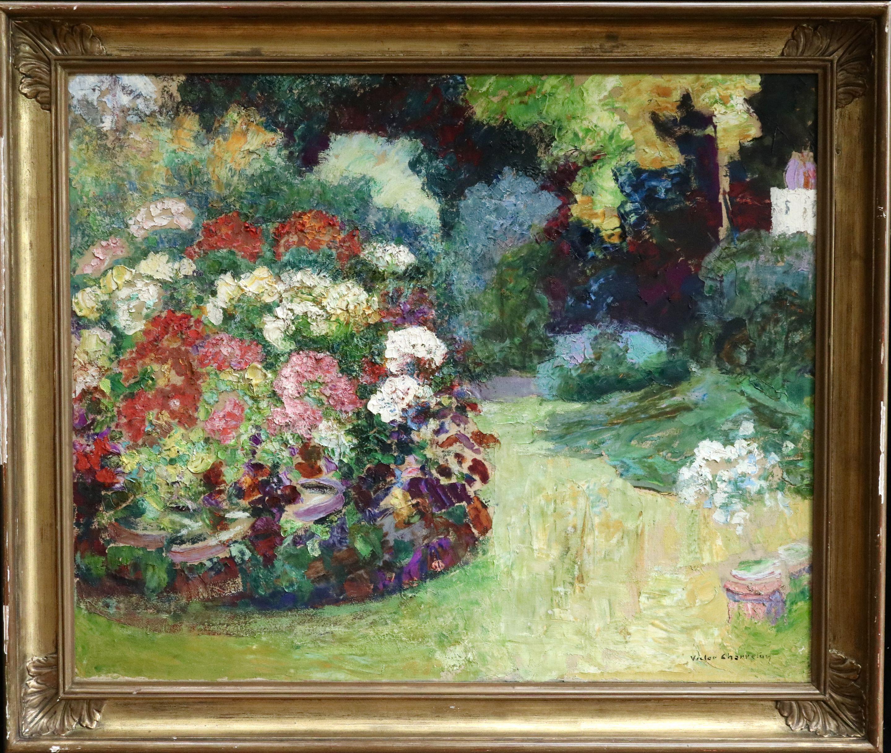 Le Jardin Fleuri - Huile du XIXe siècle, Fleurs dans un paysage de jardin par V.I.I.I. - Impressionnisme Painting par Victor Charreton