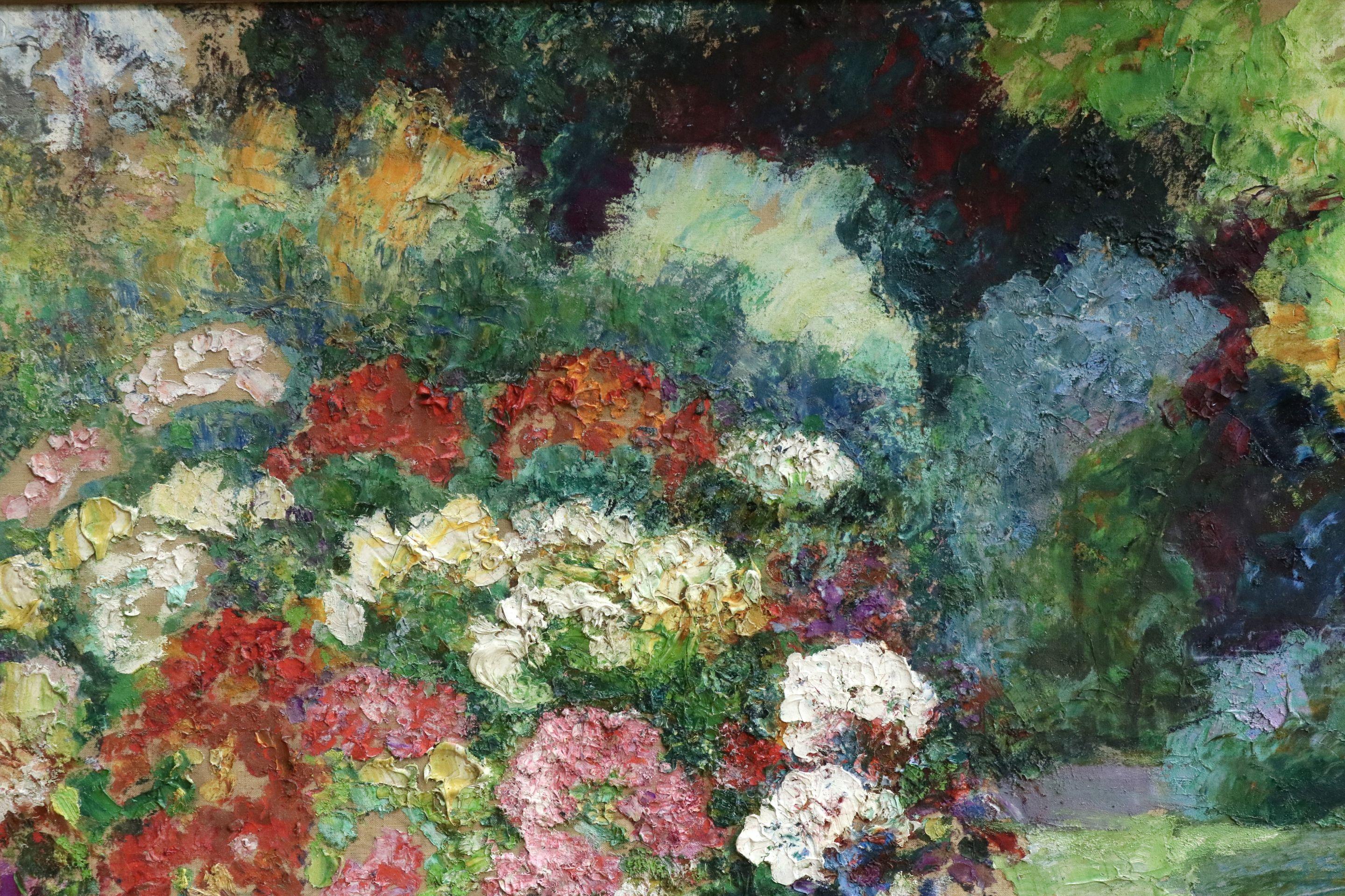 Le Jardin Fleuri - Huile du XIXe siècle, Fleurs dans un paysage de jardin par V.I.I.I. 1