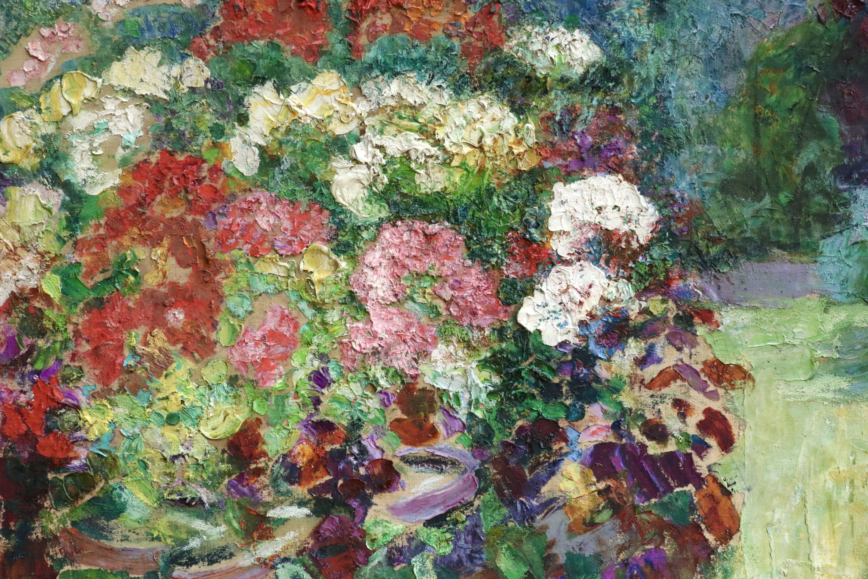 Le Jardin Fleuri - Huile du XIXe siècle, Fleurs dans un paysage de jardin par V.I.I.I. 2