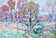Matin à la Campagne - Huile du XIXe siècle, arbres en fleurs dans un paysage par V.I.I.I.