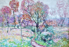 Matin la Campagne - Huile du XIXe siècle:: arbres de fleurs dans un paysage par V Charreton