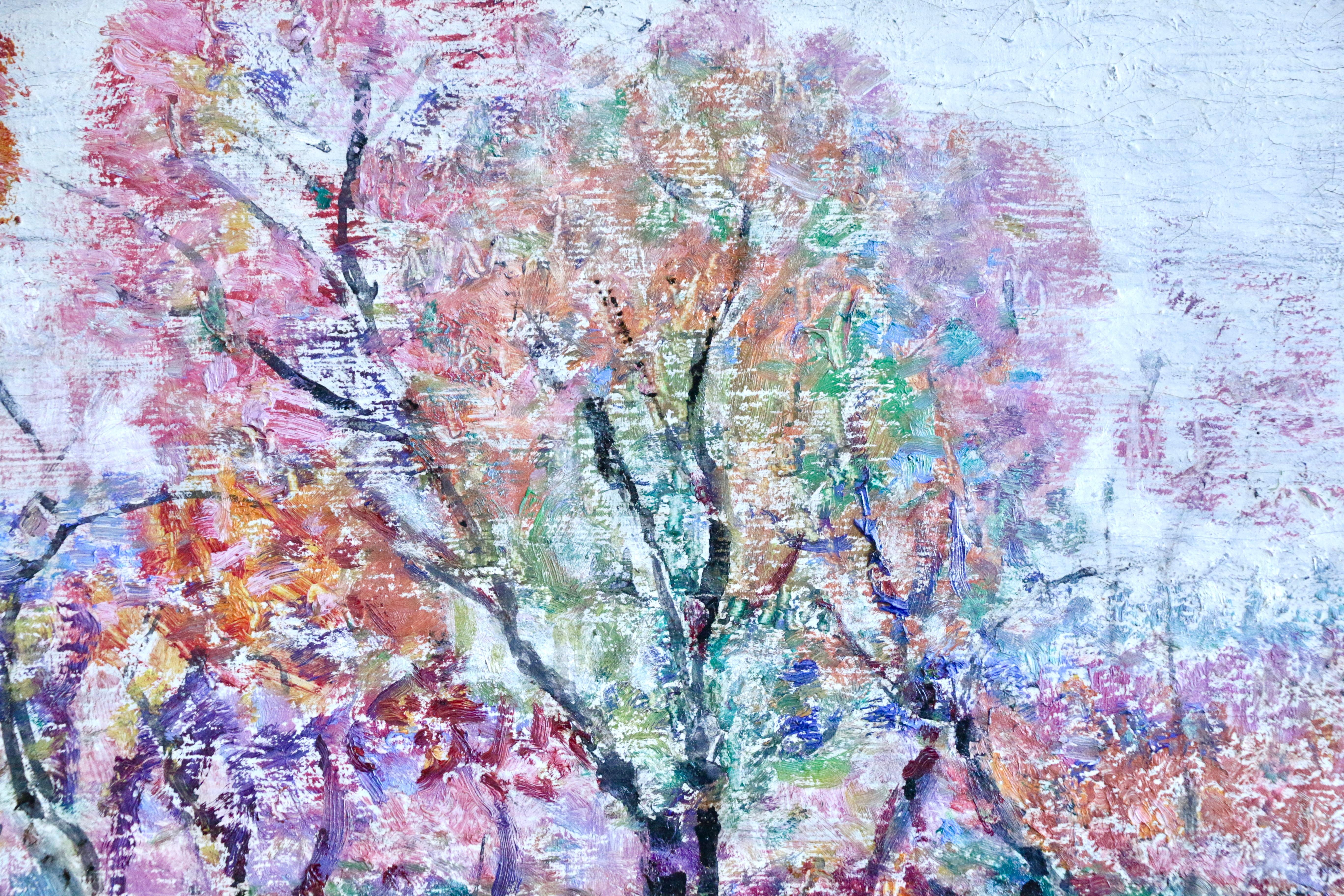 Matin à la Campagne - Huile du XIXe siècle, arbres en fleurs dans un paysage par V.I.I.I. - Gris Landscape Painting par Victor Charreton