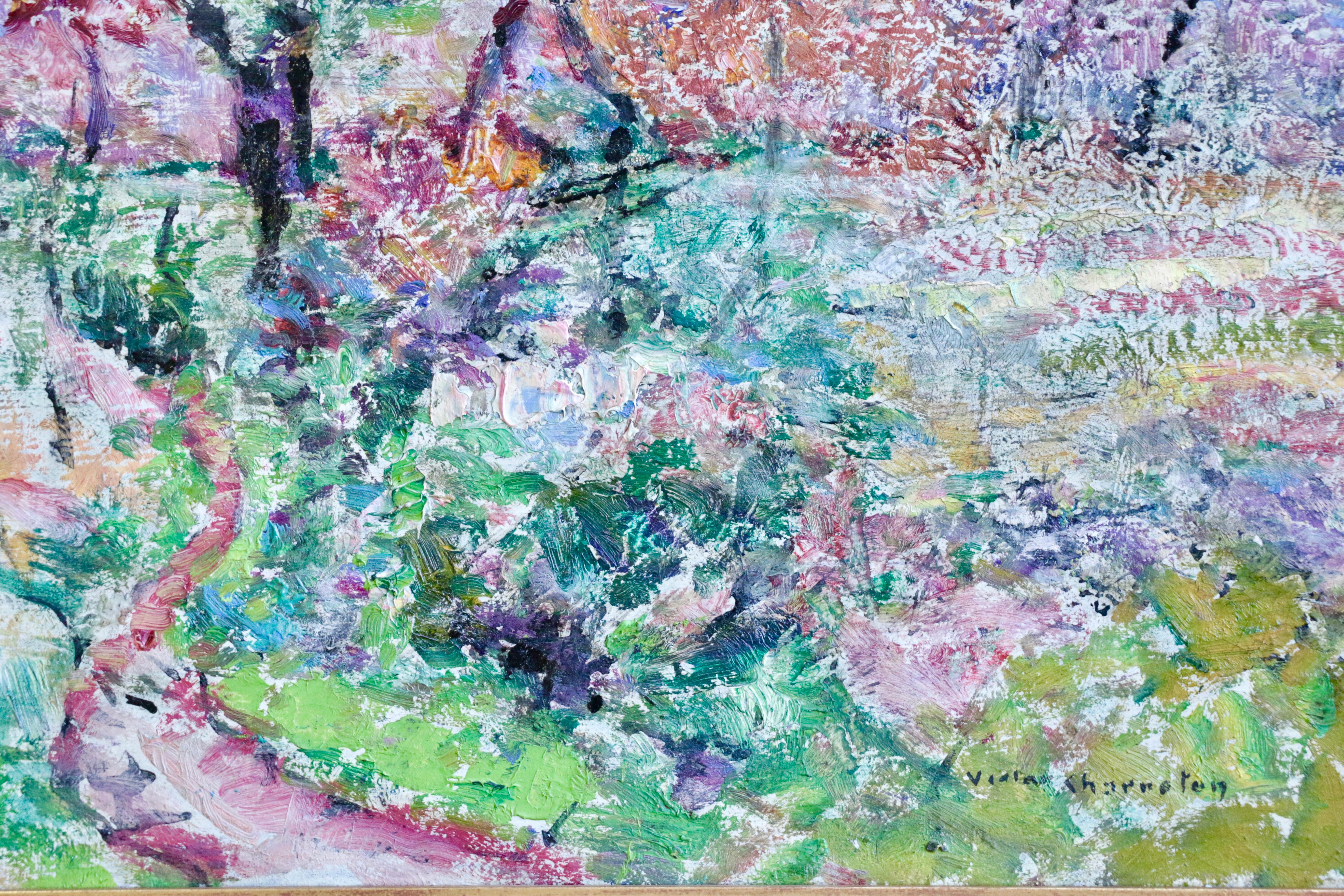 Une peinture exceptionnelle et magnifiquement colorée de Victor Charreton. Huile sur toile vers 1910. Signé en bas à droite. Les dimensions du cadre sont de 22,5 pouces de haut par 29 pouces de large.

Charreton était un paysagiste dans la tradition