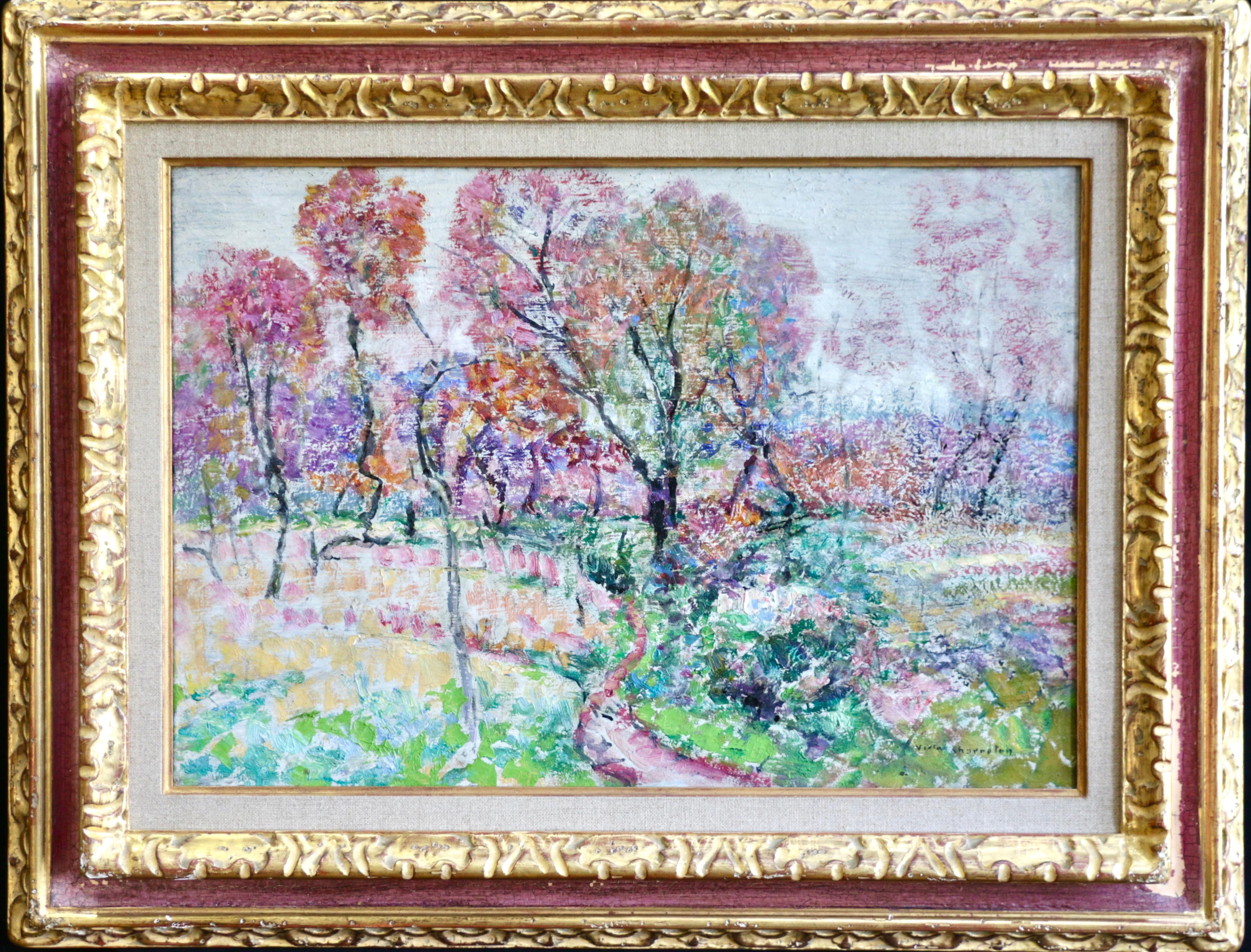 Matin à la Campagne - Huile du XIXe siècle, arbres en fleurs dans un paysage par V.I.I.I. - Painting de Victor Charreton