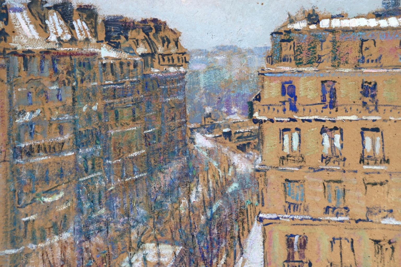 A wonderful oil on board by popular French post impressionist painter Victor Charreton depicting a view of the Boulevard de Clichy in winter. The street and buildings dusted with white snow and the trees that line the street are bare.