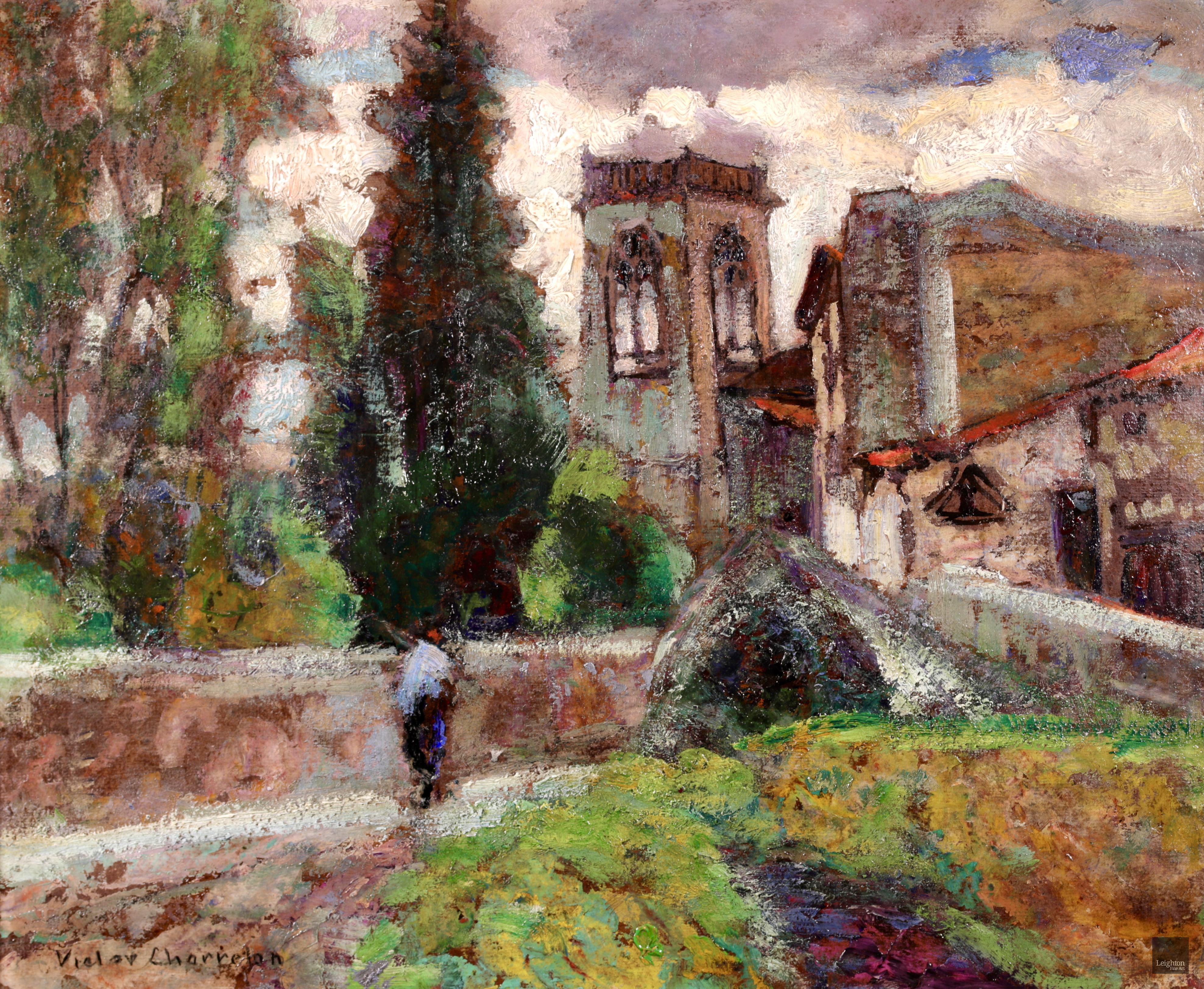 Promenade au Village – postimpressionistisches Ölgemälde, Landschaft von Victor Charreton im Angebot 1