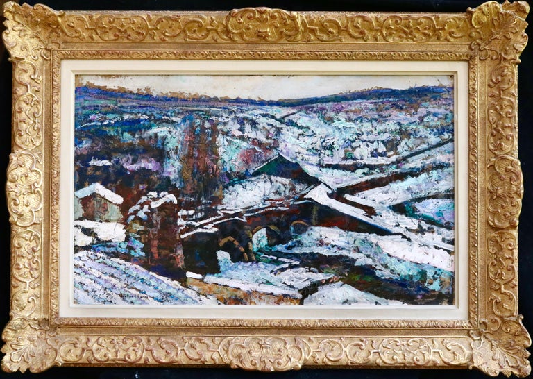 A stunning oil on board by sought after French post impressionist painter Victor Charreton depicting a bridge in a landscape under a blanket of snow. Beautifully coloured with hints of green, blue and purple. 

Signature:
Signed lower