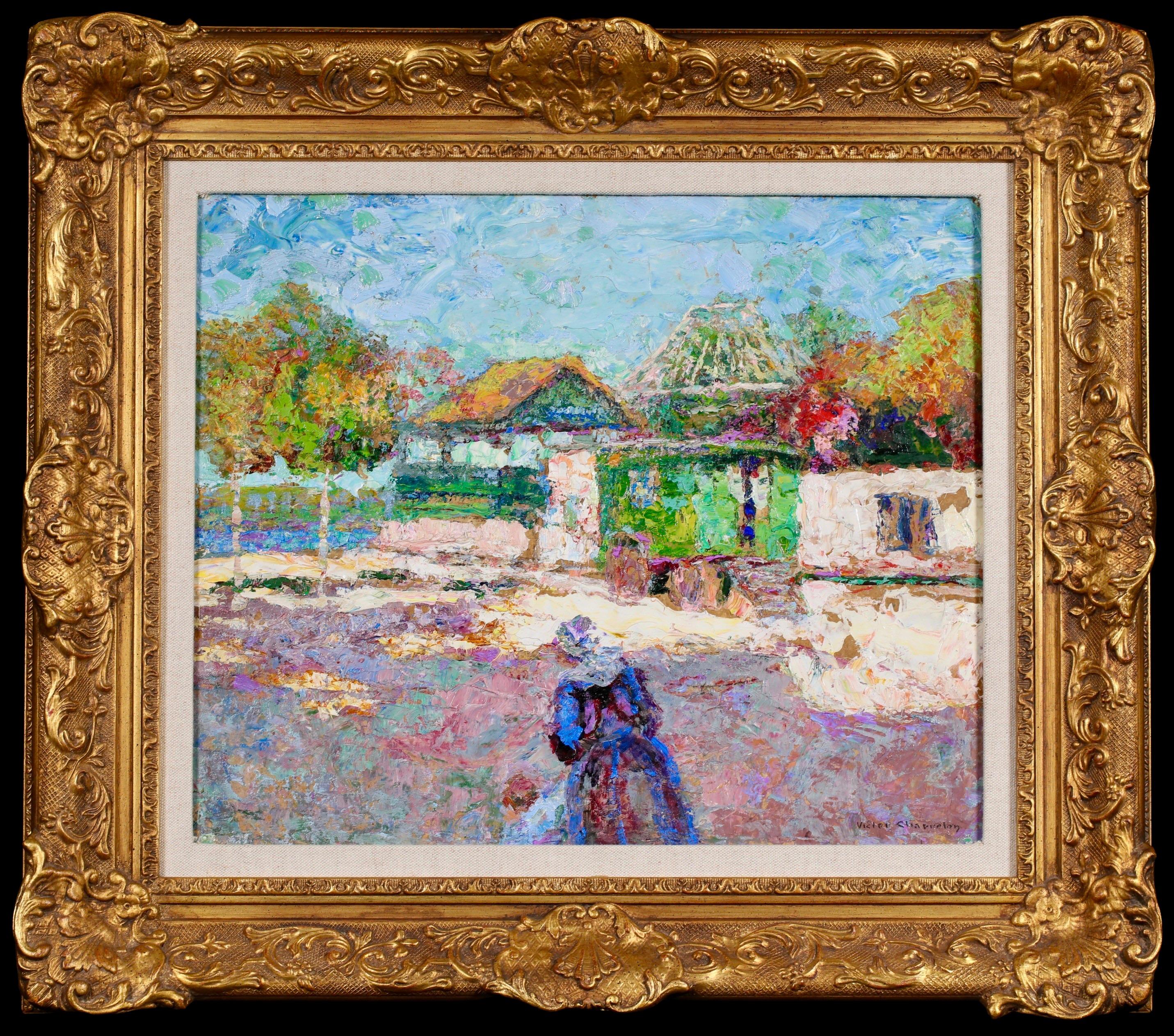 Figuras al óleo sobre tabla en paisaje firmadas por el popular pintor postimpresionista francés Victor Charreton. La obra representa a una madre que lleva de la mano a su hijo pequeño mientras caminan hacia la feria de Benodet, una localidad costera
