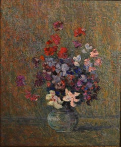 Victor Charreton, "Flowers in Vase" Oil on Canvas 18 x 21.5 Fench Impressionist