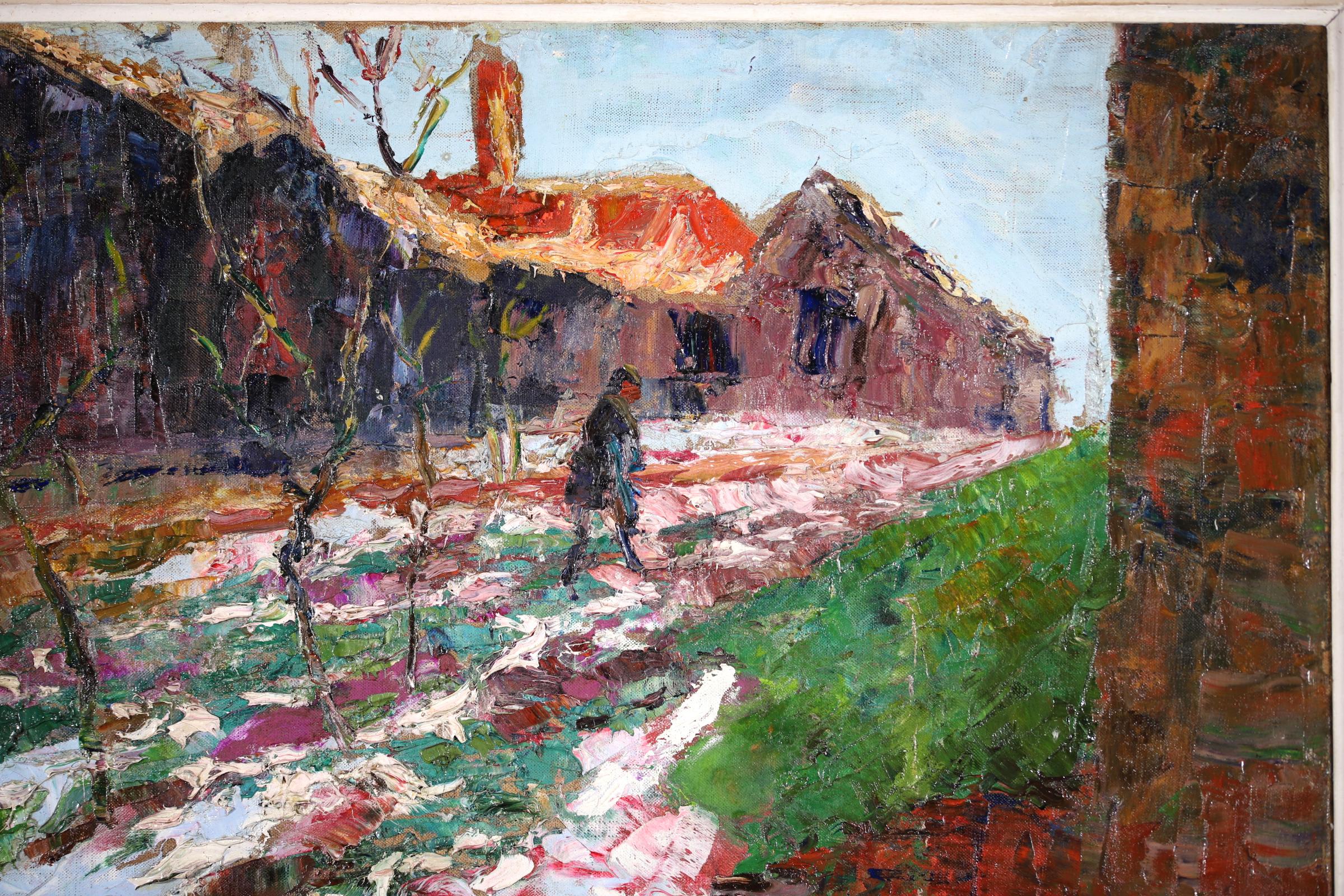 Large signed landscape oil on canvas circa 1920 by sought after French post impressionist painter Victor Charreton, who was known as the painter of colours. The work depicts a woman walking through a snowy village in winter. The piece is beautifully