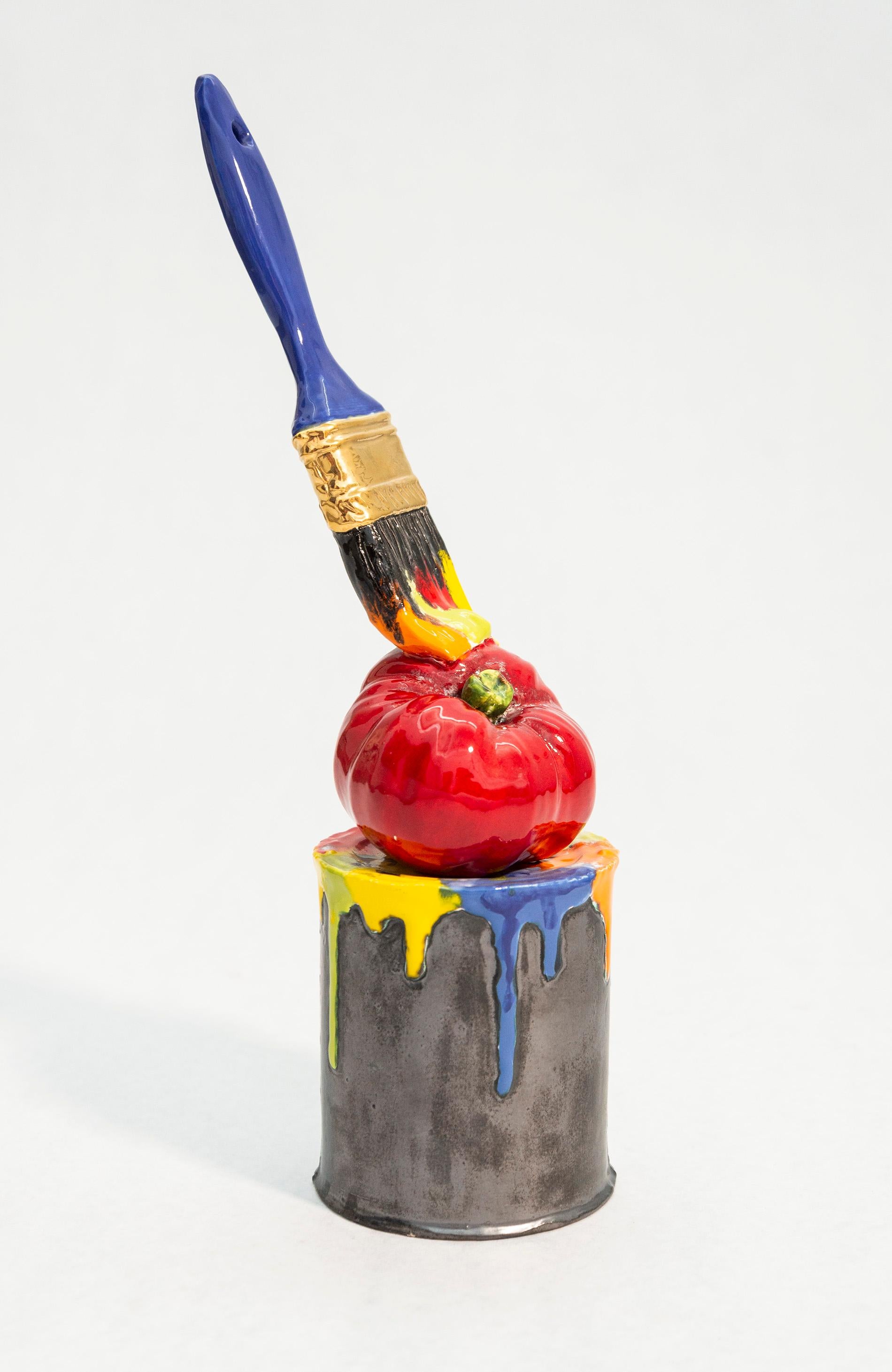 Ceramic Can of Paint and Brush - colorful, realist, still-life ceramic sculpture - Sculpture by Victor Cicansky