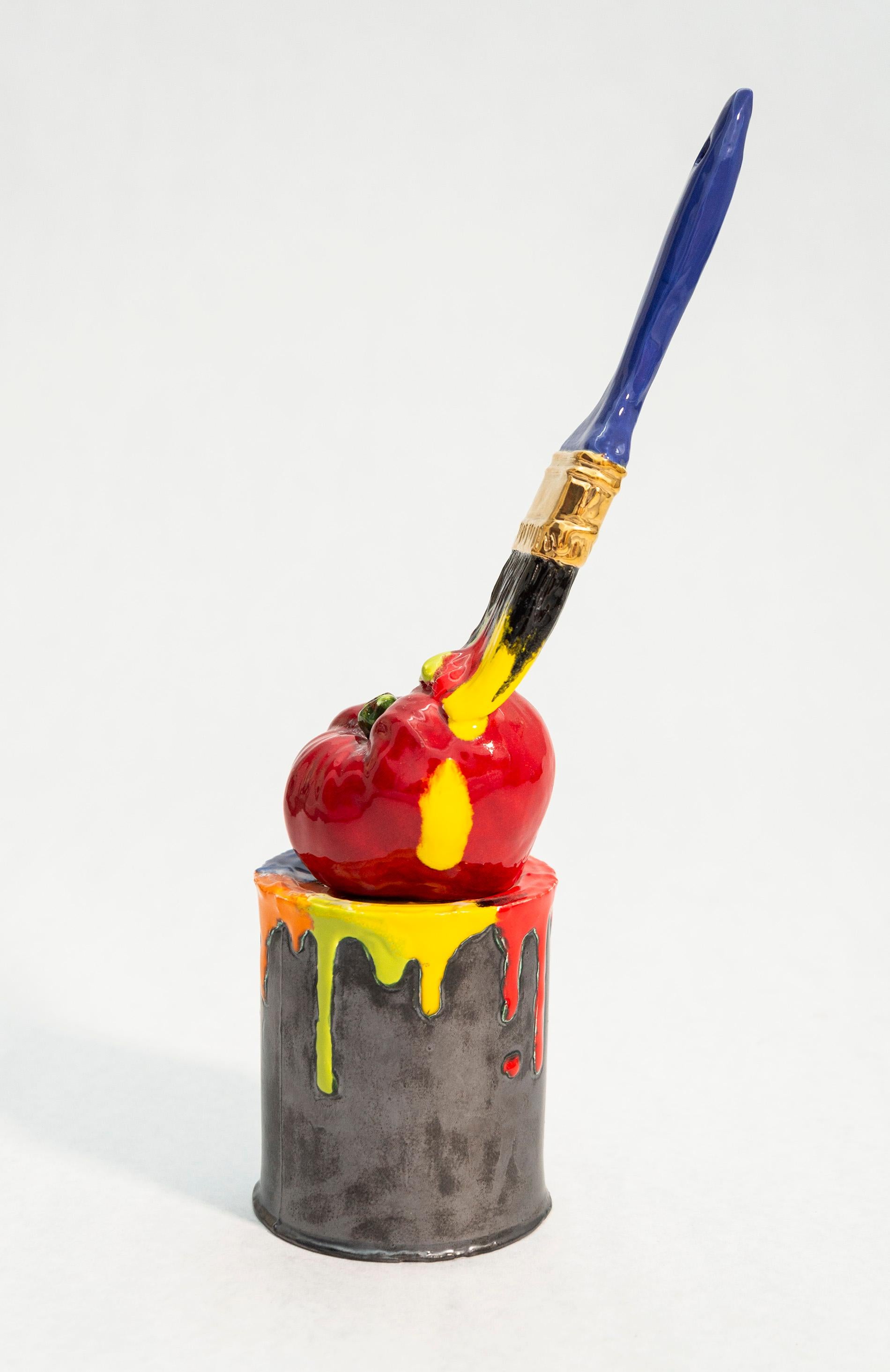 Ceramic Can of Paint and Brush - colorful, realist, still-life ceramic sculpture - Realist Sculpture by Victor Cicansky