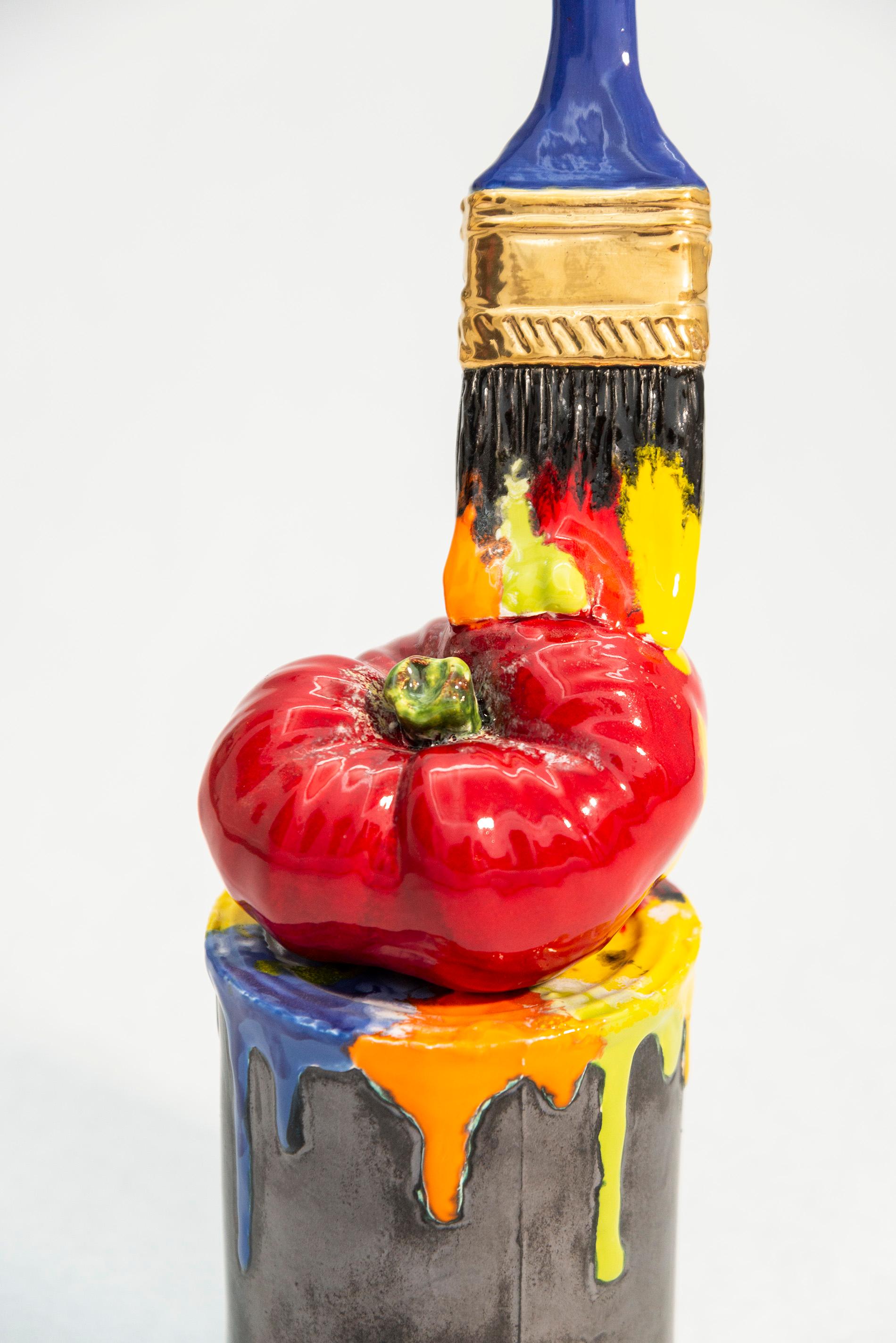 Ceramic Can of Paint and Brush - colorful, realist, still-life ceramic sculpture 1