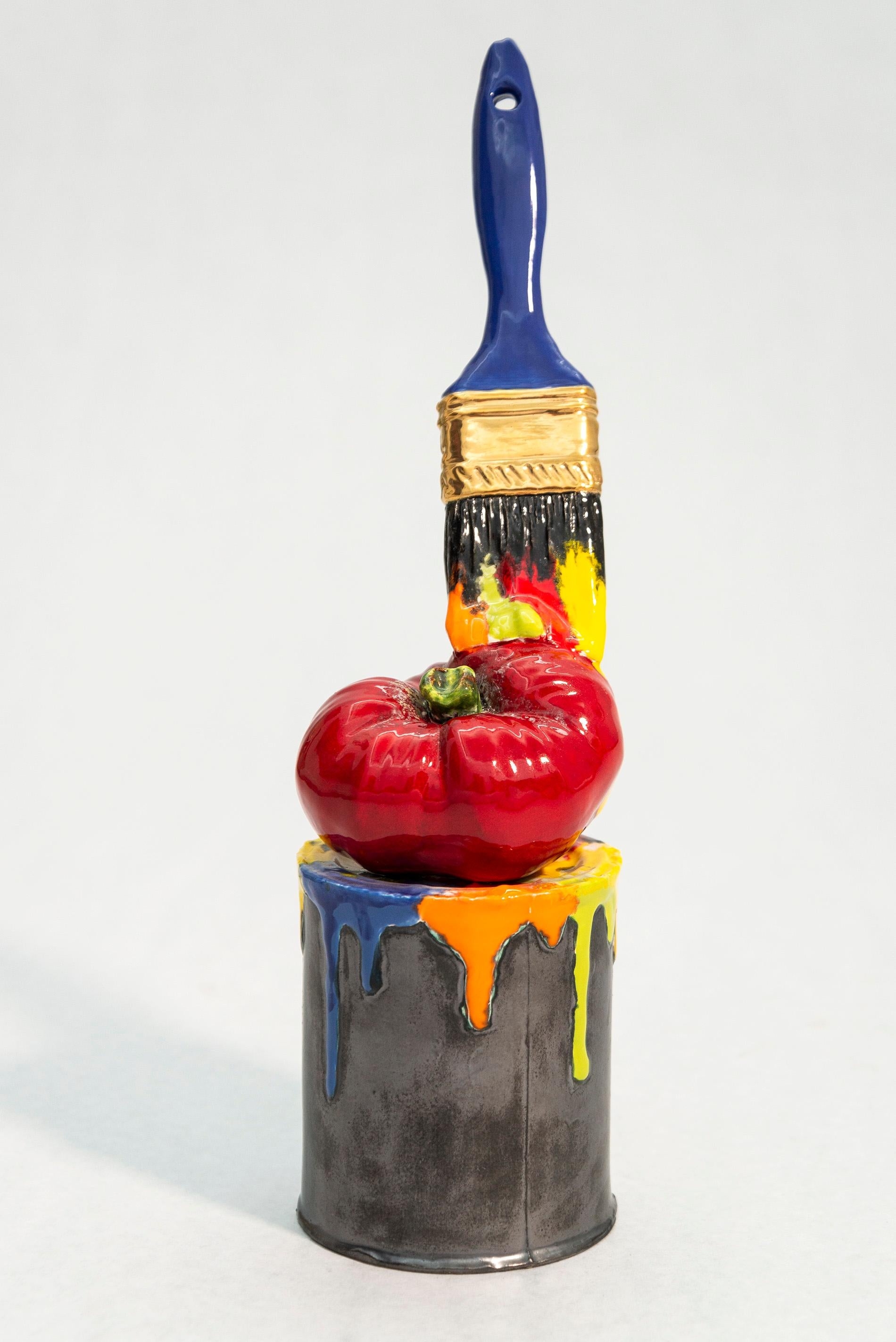 Victor Cicansky Still-Life Sculpture - Ceramic Can of Paint and Brush - colorful, realist, still-life ceramic sculpture