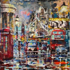 « Late Evening Rain » London Pop Art Collage technique mixte sur toile