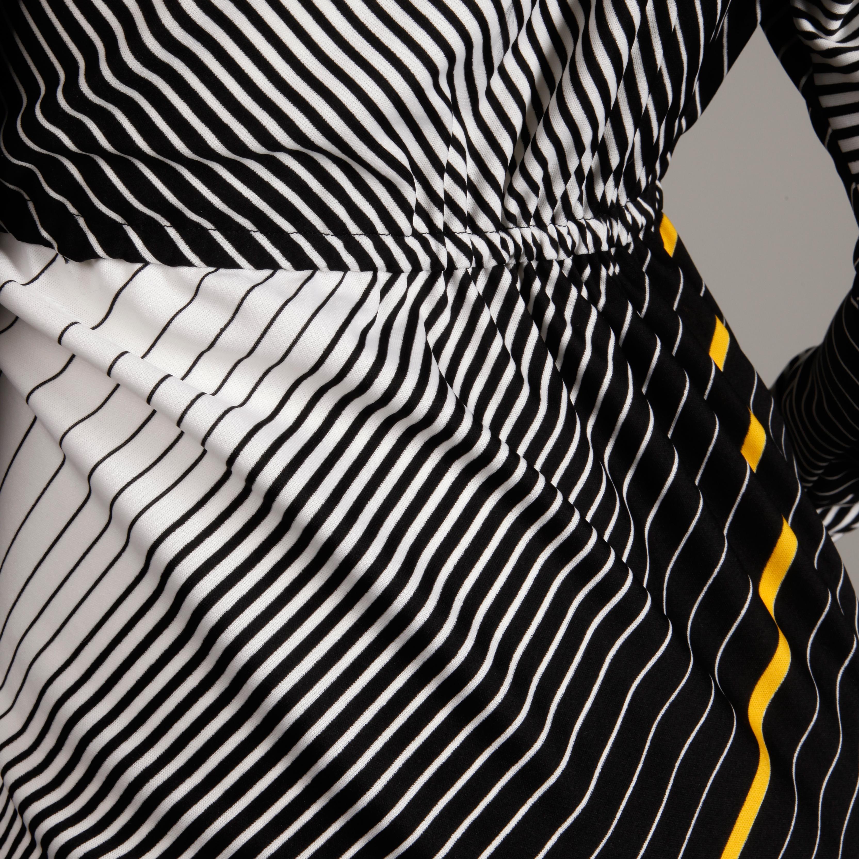 Victor Costa 1970s Vintage Black, White + Yellow Striped Op Art Print Maxi Dress For Sale 3