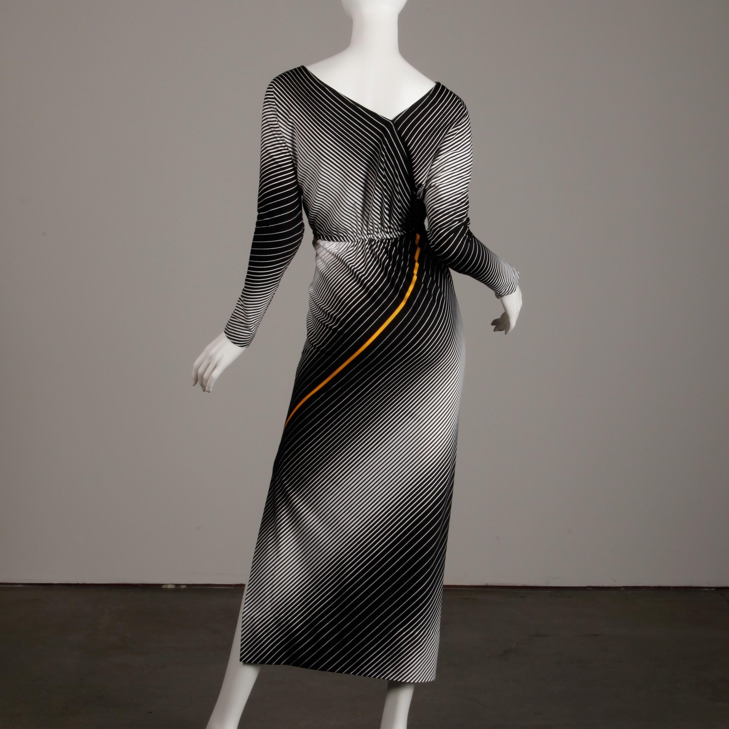 Women's Victor Costa 1970s Vintage Black, White + Yellow Striped Op Art Print Maxi Dress For Sale