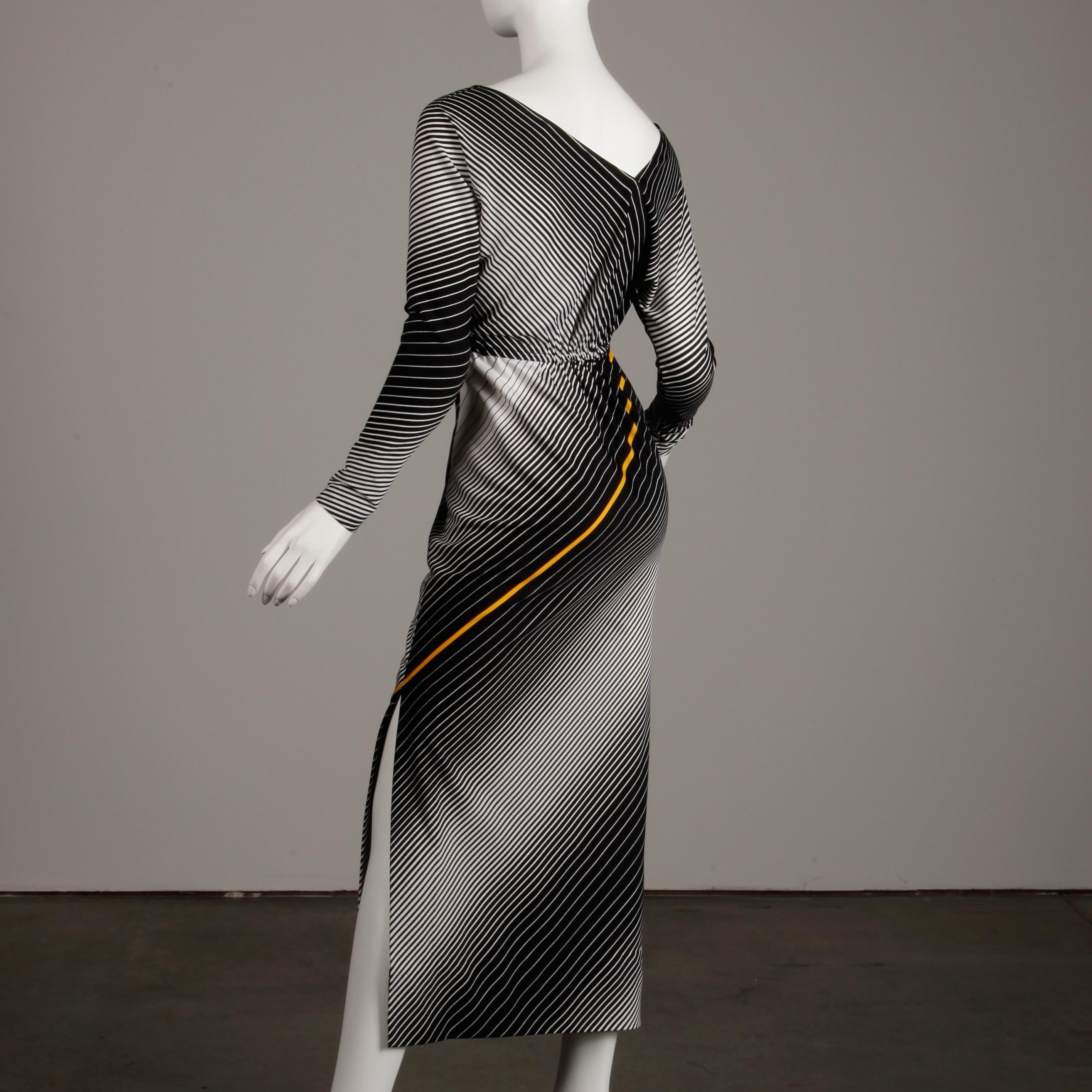 Victor Costa 1970s Vintage Black, White + Yellow Striped Op Art Print Maxi Dress For Sale 2