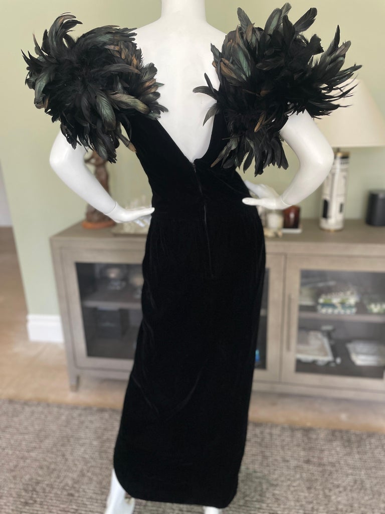 Victor Costa 1980's Black Velvet Evening Dress w Coq Feather Shoulders For Sale 7
