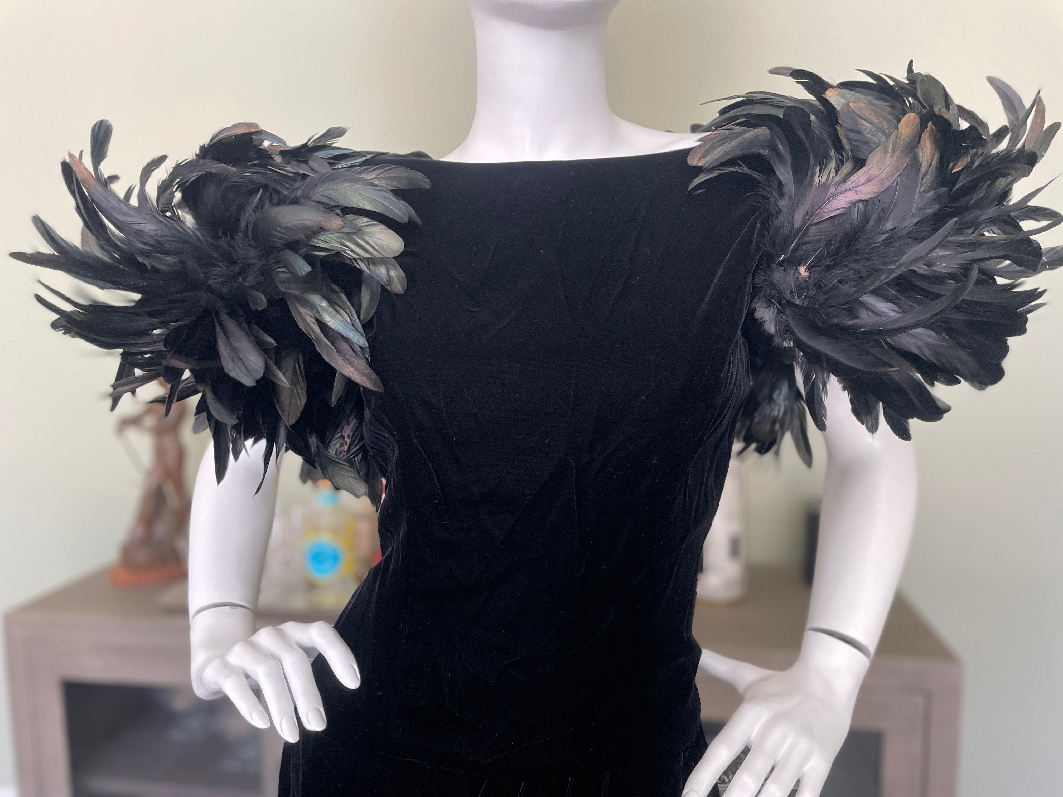 Women's Victor Costa 1980's Black Velvet Evening Dress w Coq Feather Shoulders