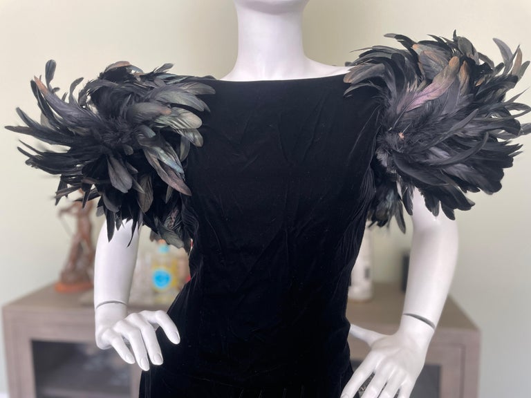 Victor Costa 1980's Black Velvet Evening Dress w Coq Feather Shoulders For Sale 1