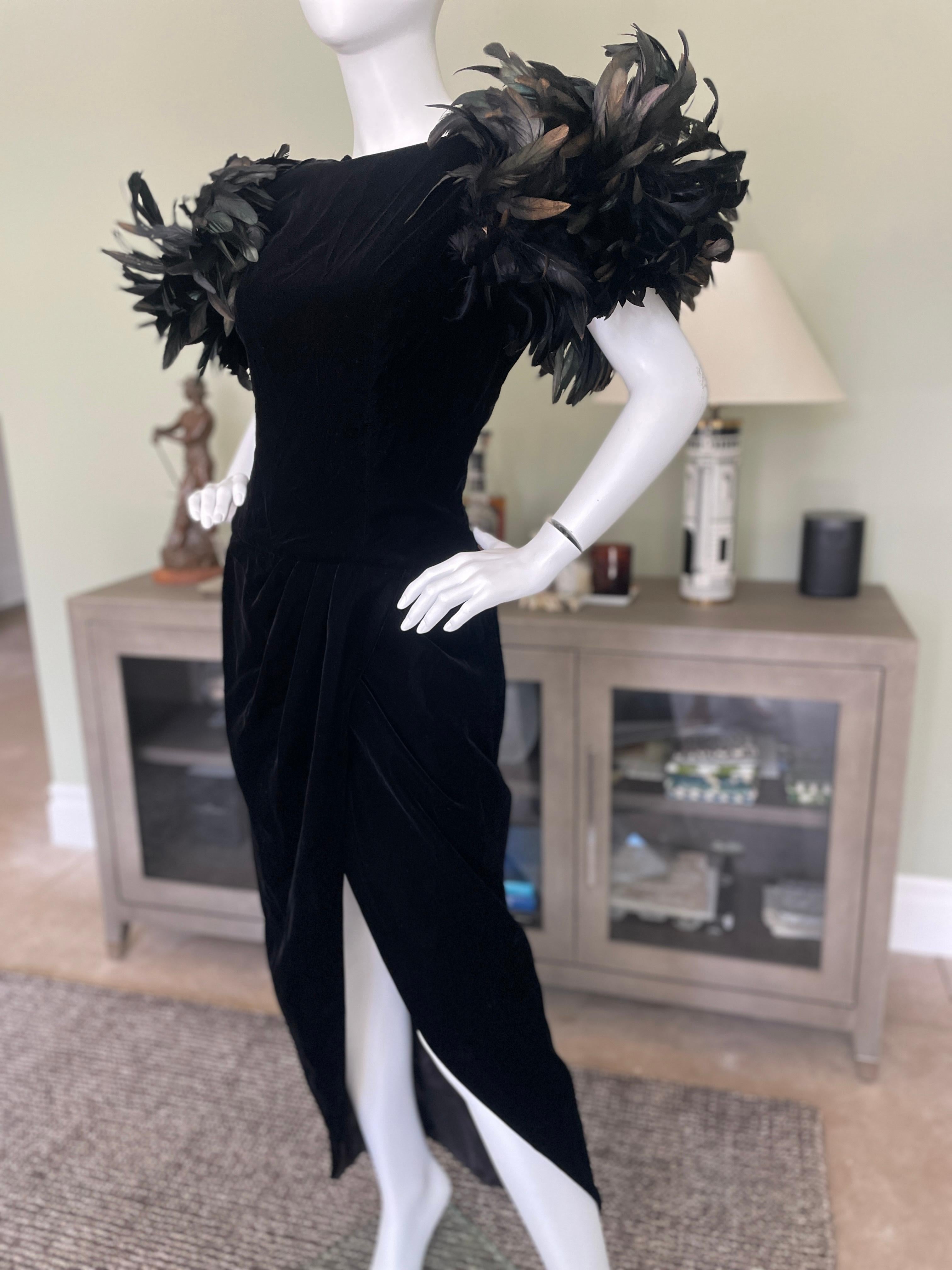 Victor Costa 1980's Black Velvet Evening Dress w Coq Feather Shoulders 2