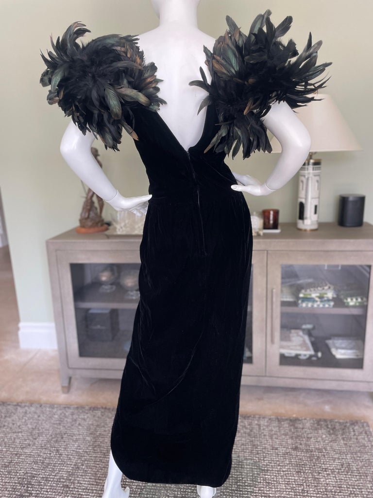 Victor Costa 1980's Black Velvet Evening Dress w Coq Feather Shoulders For Sale 4