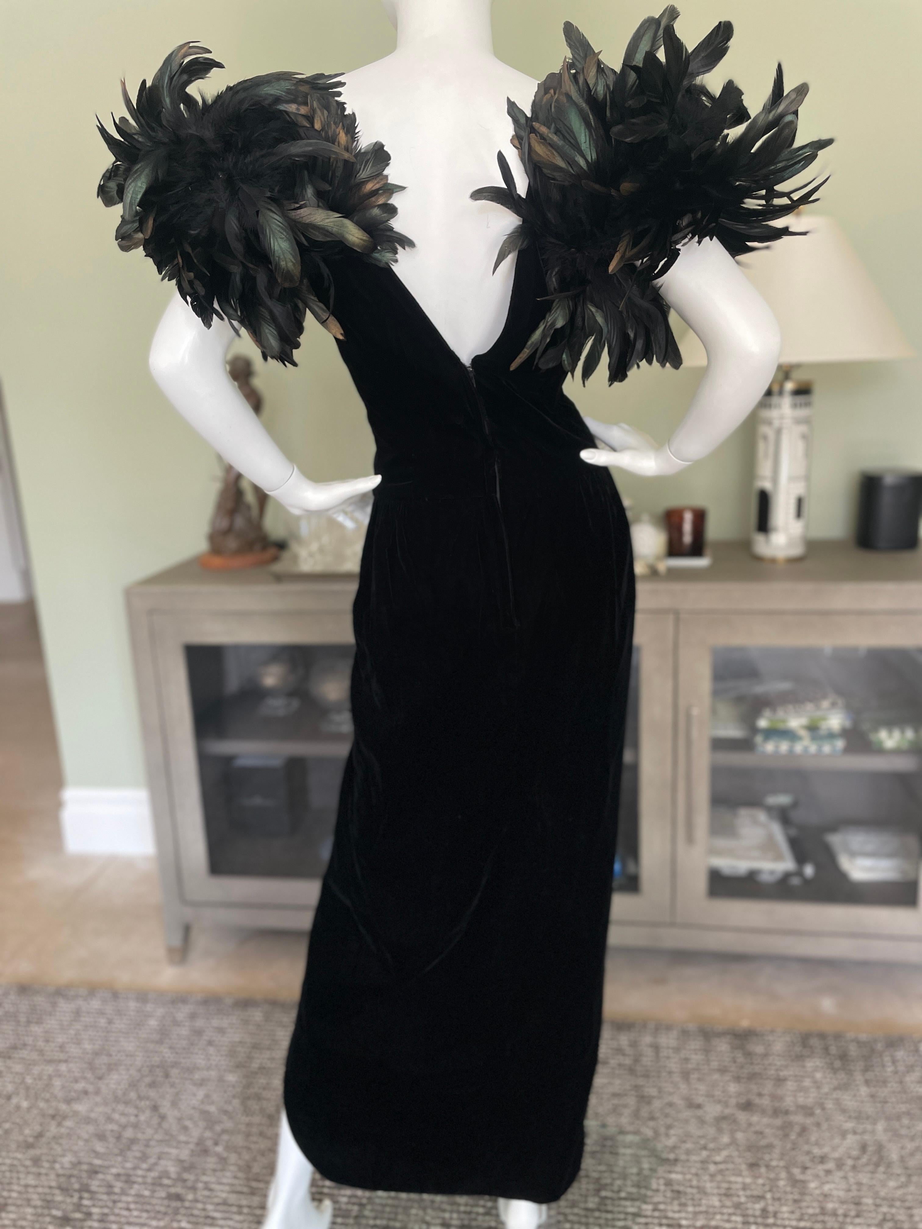 Victor Costa 1980's Black Velvet Evening Dress w Coq Feather Shoulders 4