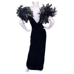 Vintage Victor Costa 1980's Black Velvet Evening Dress w Coq Feather Shoulders