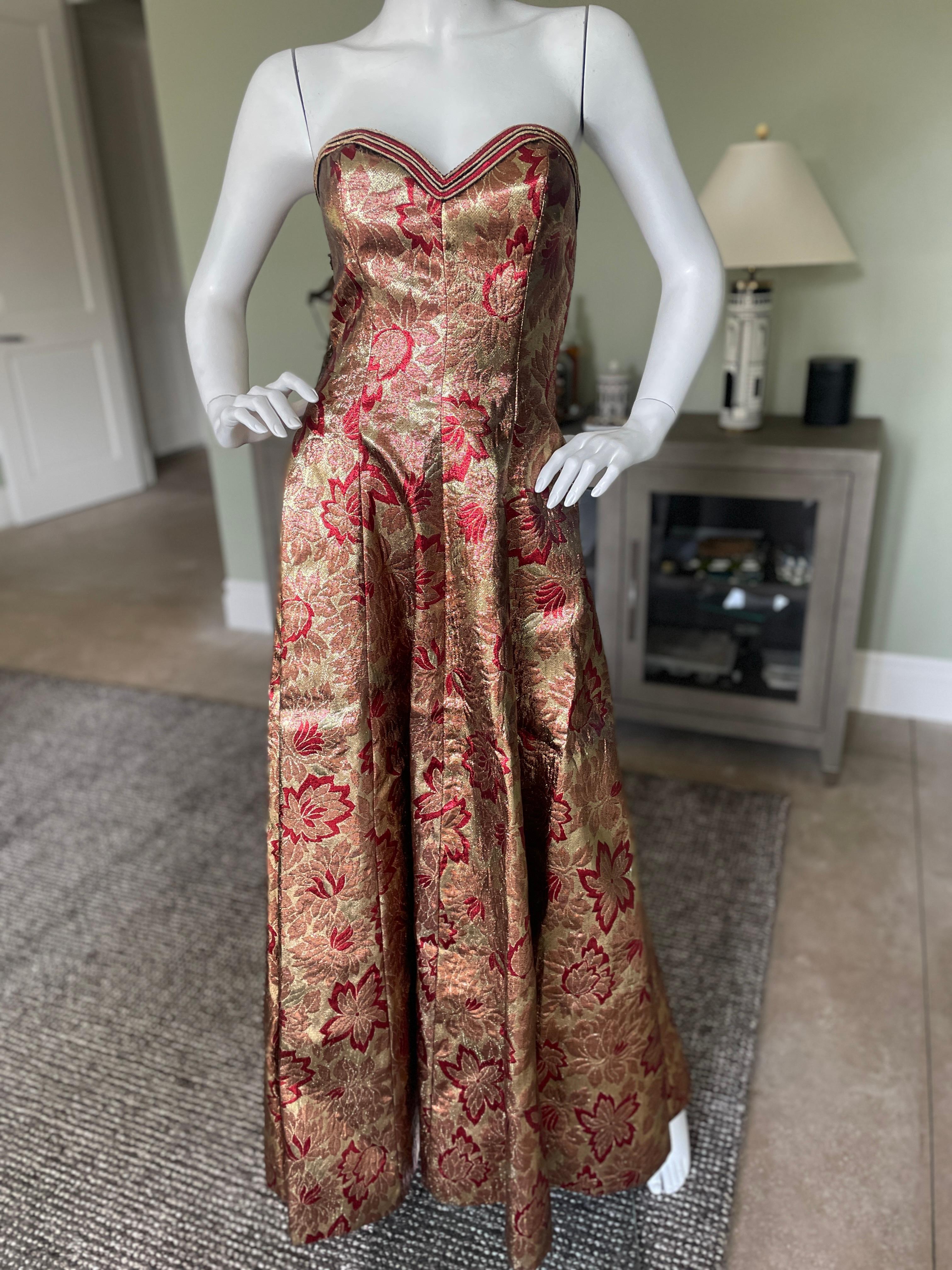 Victor Costa 1980's Gold and Red Metallic Strapless Holiday Evening Dress For Sale 1